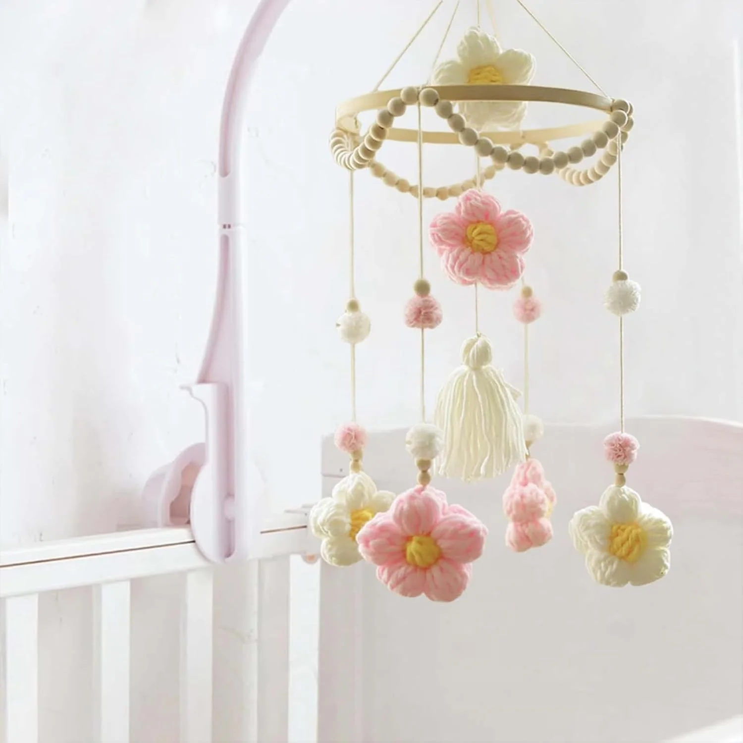 آویز تخت سه بعدی، آویز تخت آویز اتاق کودک با منگوله گل، موبایل آویز چوبی دخترانه، میز تعویض موبایل، هدیه نوزاد (صورتی، 1 عدد)