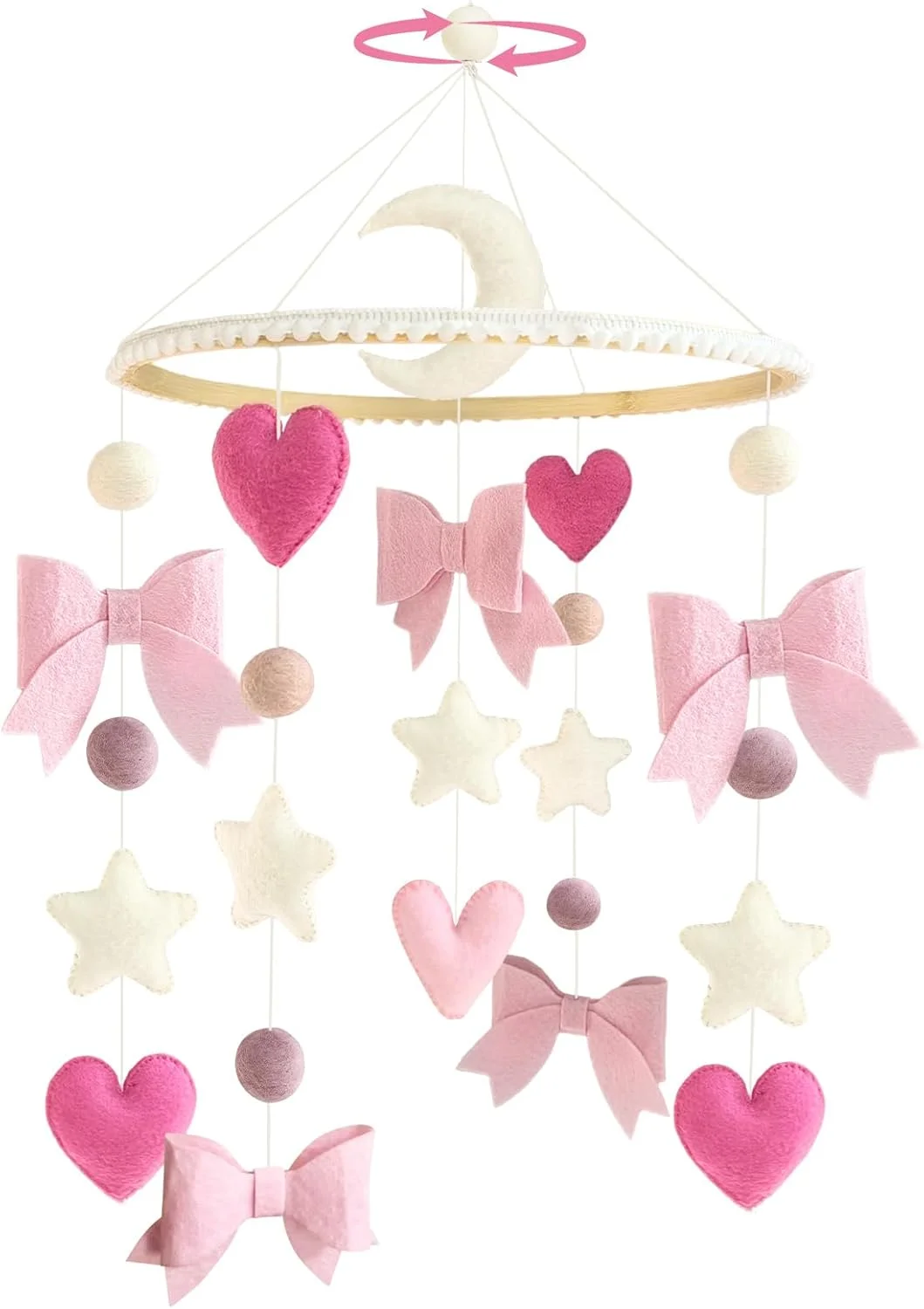 آویز تخت نوزاد با پاپیون صورتی، تزئین دست ساز اتاق کودک با پاپیون ظریف، آویز تزئینی اتاق دخترانه صورتی مناسب گهواره، هدیه نوزادی