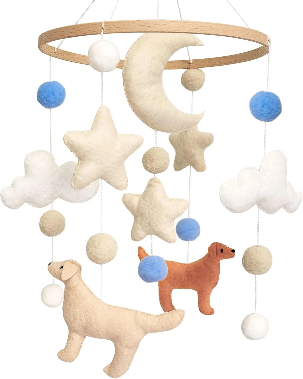 آویز تخت کودک با طرح سگ، آویز بالای تخت نوزاد، آویز تخت برای پسران و دختران، آویز اتاق کودک برای گهواره، پارک بازی، سگ، ماه، ابر، ستاره، توپ نمدی آبی