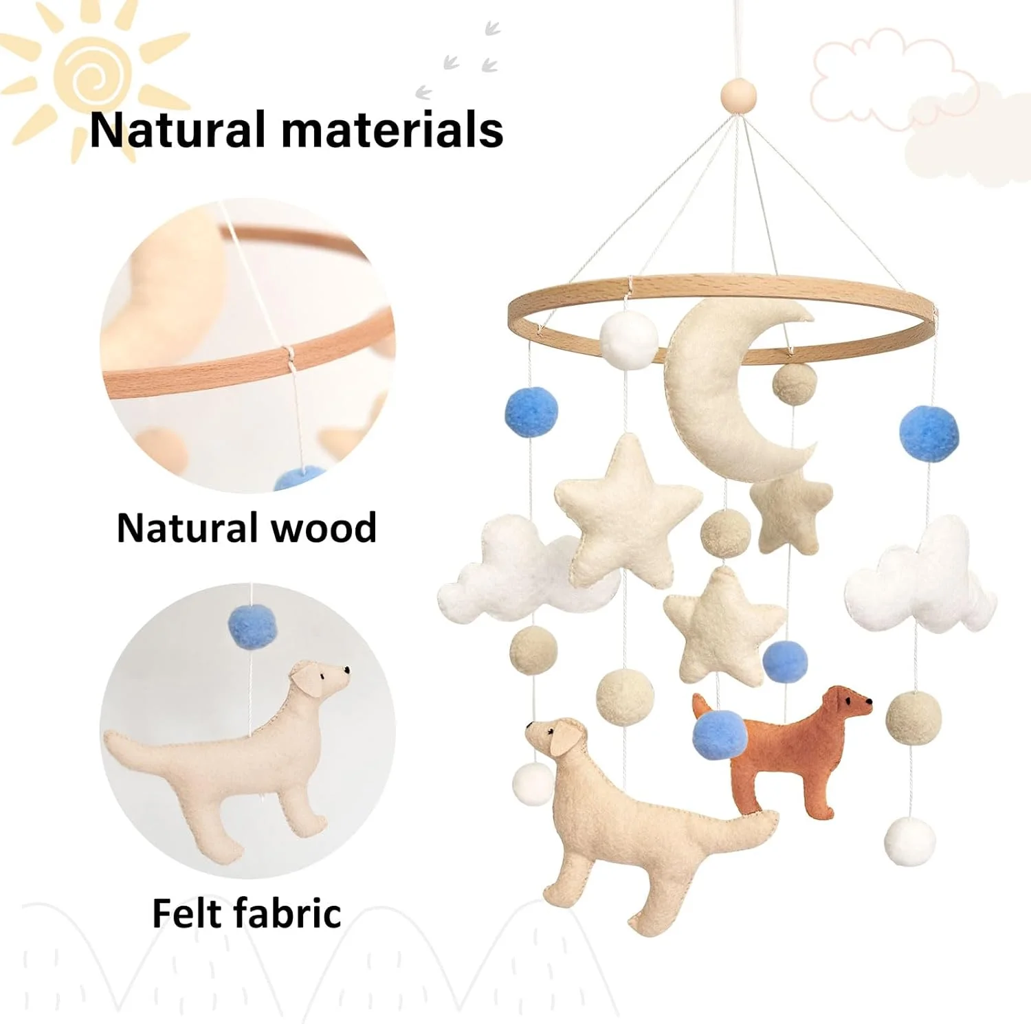 آویز تخت کودک با طرح سگ، آویز بالای تخت نوزاد، آویز تخت برای پسران و دختران، آویز اتاق کودک برای گهواره، پارک بازی، سگ، ماه، ابر، ستاره، توپ نمدی آبی