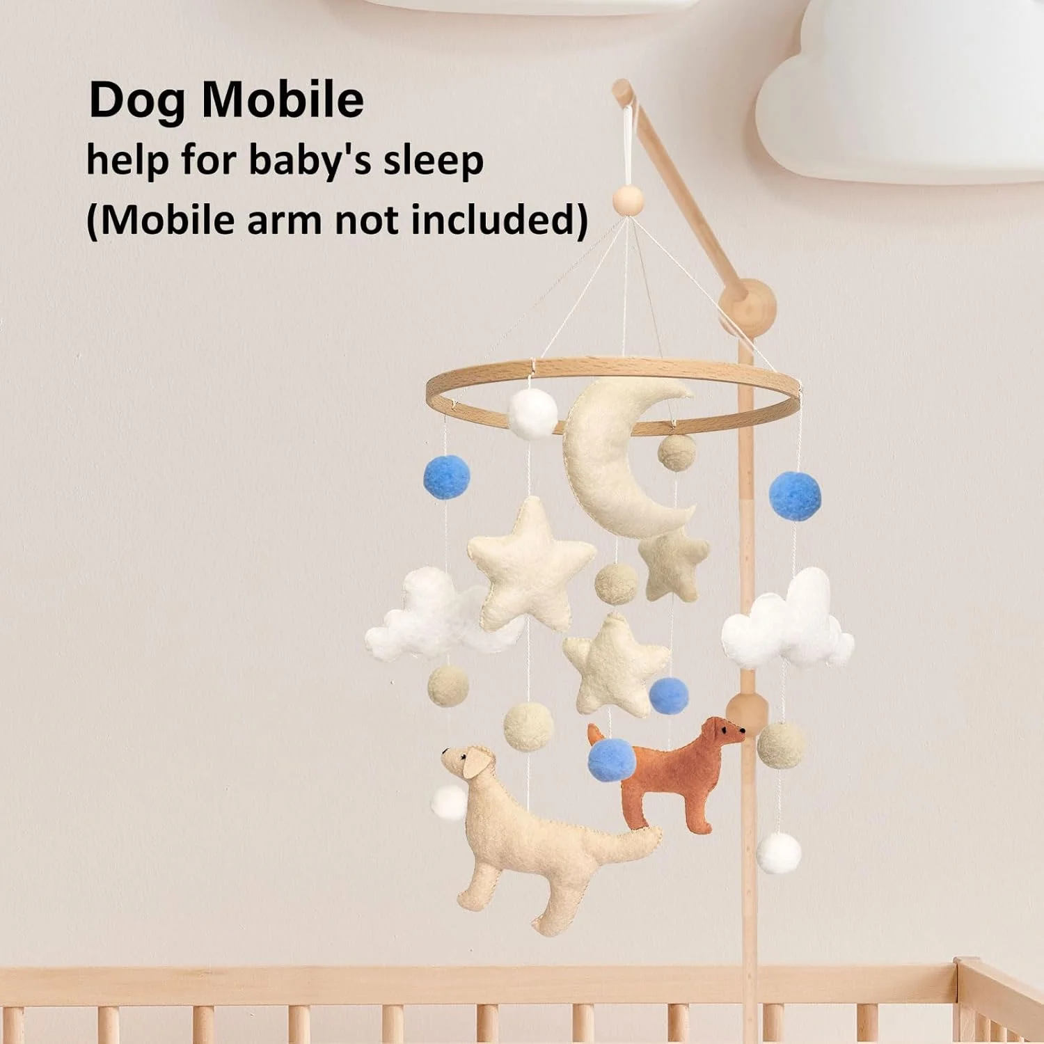 آویز تخت کودک با طرح سگ، آویز بالای تخت نوزاد، آویز تخت برای پسران و دختران، آویز اتاق کودک برای گهواره، پارک بازی، سگ، ماه، ابر، ستاره، توپ نمدی آبی