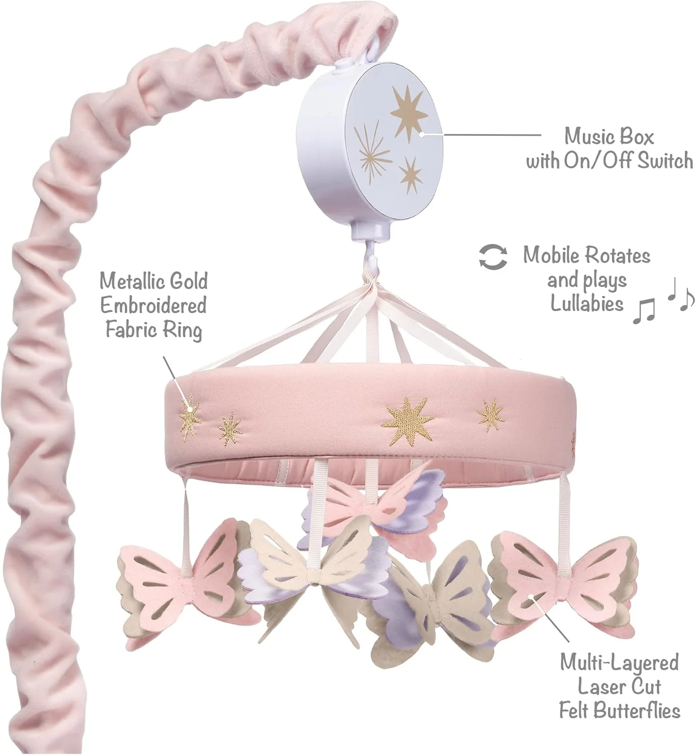 آویز تخت موزیکال کودک طرح پروانه Lambs & Ivy با رنگ های صورتی و بنفش