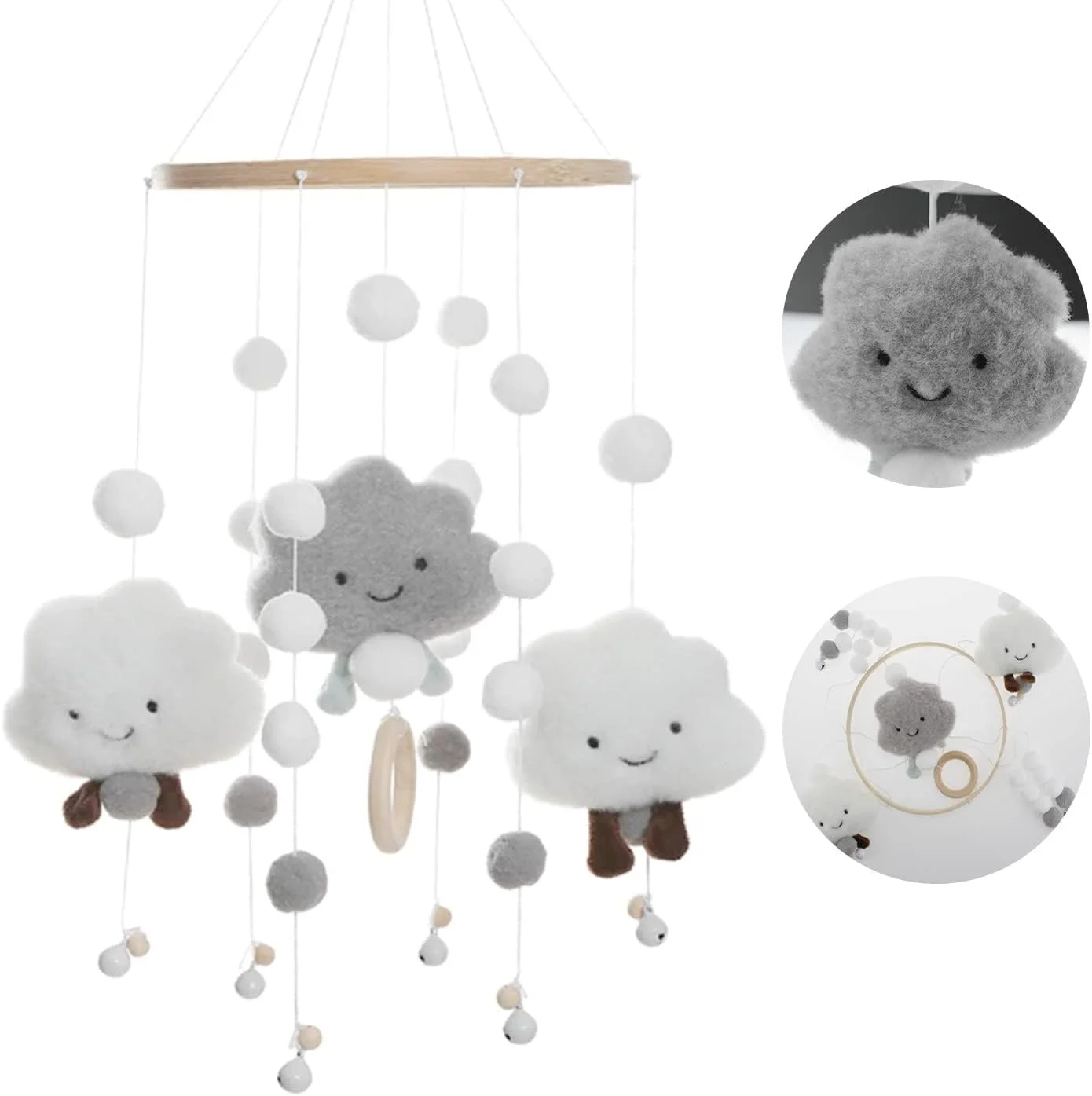 آویز تخت نوزاد با گوی‌های نمدی، آویز بالای تخت کودک، زنگ تخت کودک، آویز چوبی اتاق کودک، آویز بالای تخت برای دختران و پسران (خاکستری)