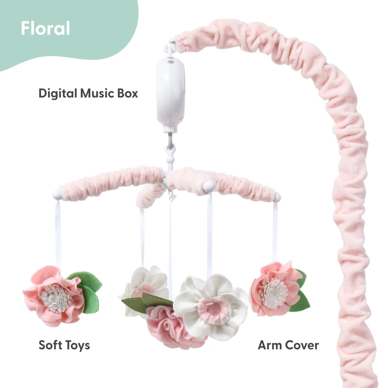 آویز تخت موزیکال گلدار صورتی Peanutshell برای نوزاد دختر | جعبه موزیک دیجیتال با 12 لالایی
