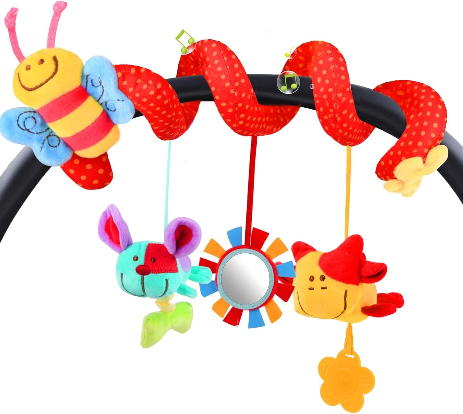 اسباب بازی آویز مارپیچ طرح زنبور SKEIDO، اسباب بازی حسی برای کالسکه، صندلی ماشین و تخت نوزاد | اسباب بازی تعاملی کودک با صدای جیر جیر، بال های چروک و آینه