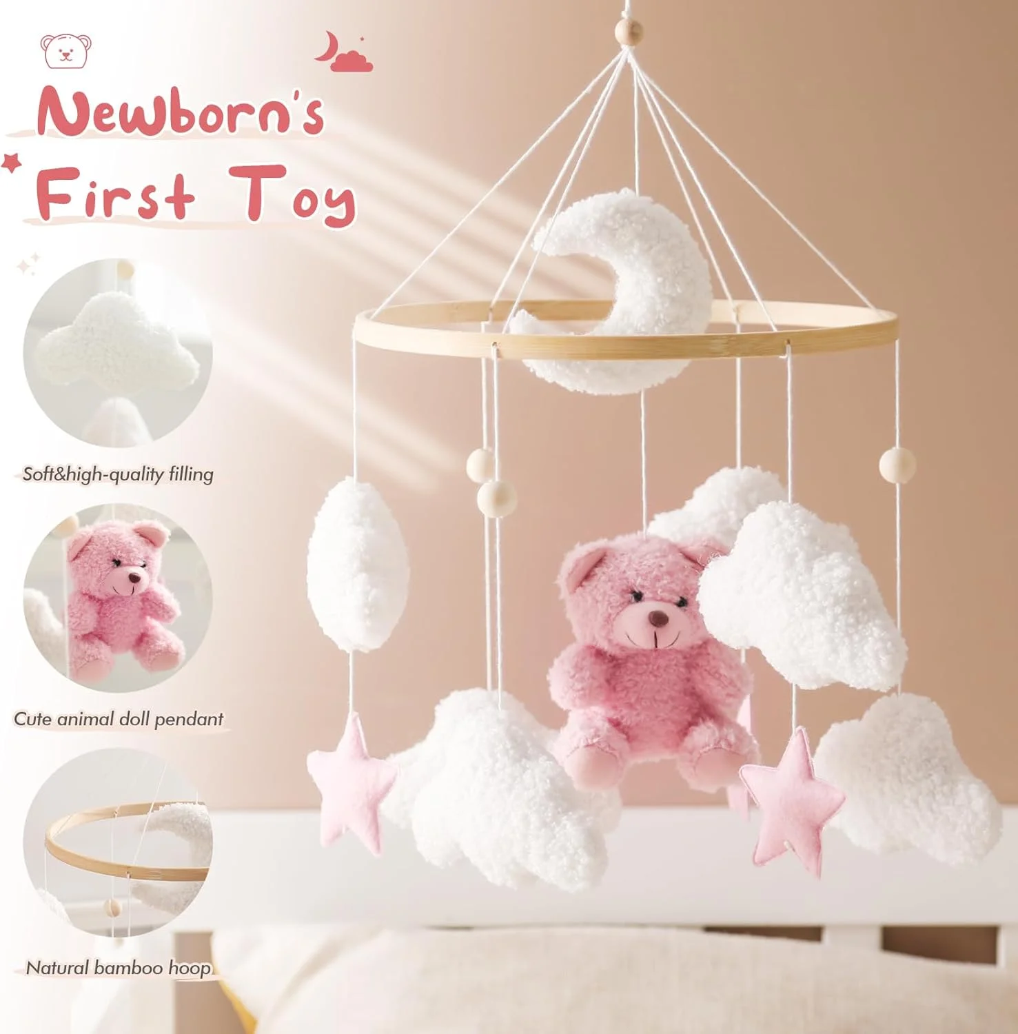 آویز تخت نوزاد طرح خرس و ابر، دست ساز، پشمالو، مناسب برای دکور اتاق کودک، اسباب بازی آویز تخت خنثی آویز تخت نوزاد طرح خرس و ابر، دست ساز، پشمالو، مناسب برای دکور اتاق کودک، اسباب بازی آویز تخت خنثی