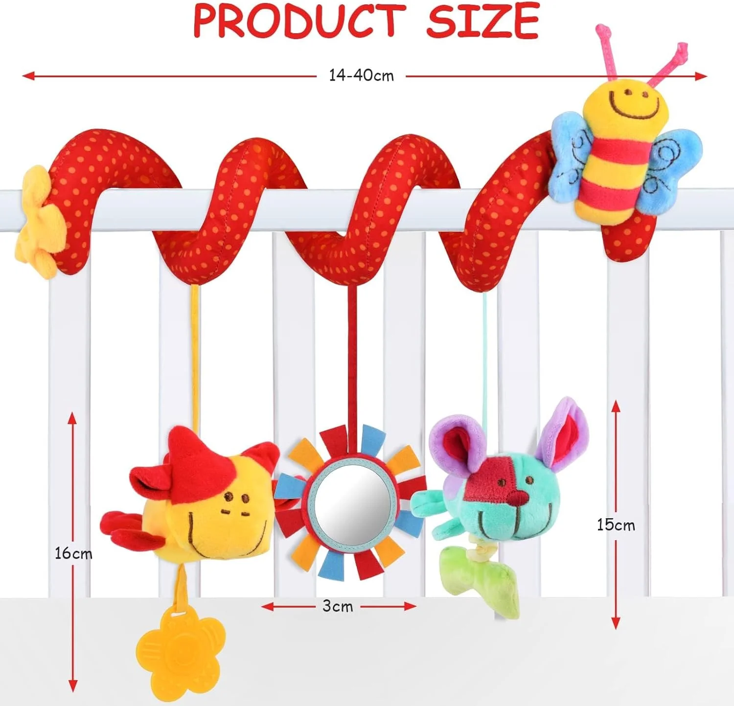 اسباب بازی آویز مارپیچ طرح زنبور SKEIDO، اسباب بازی حسی برای کالسکه، صندلی ماشین و تخت نوزاد | اسباب بازی تعاملی کودک با صدای جیر جیر، بال های چروک و آینه