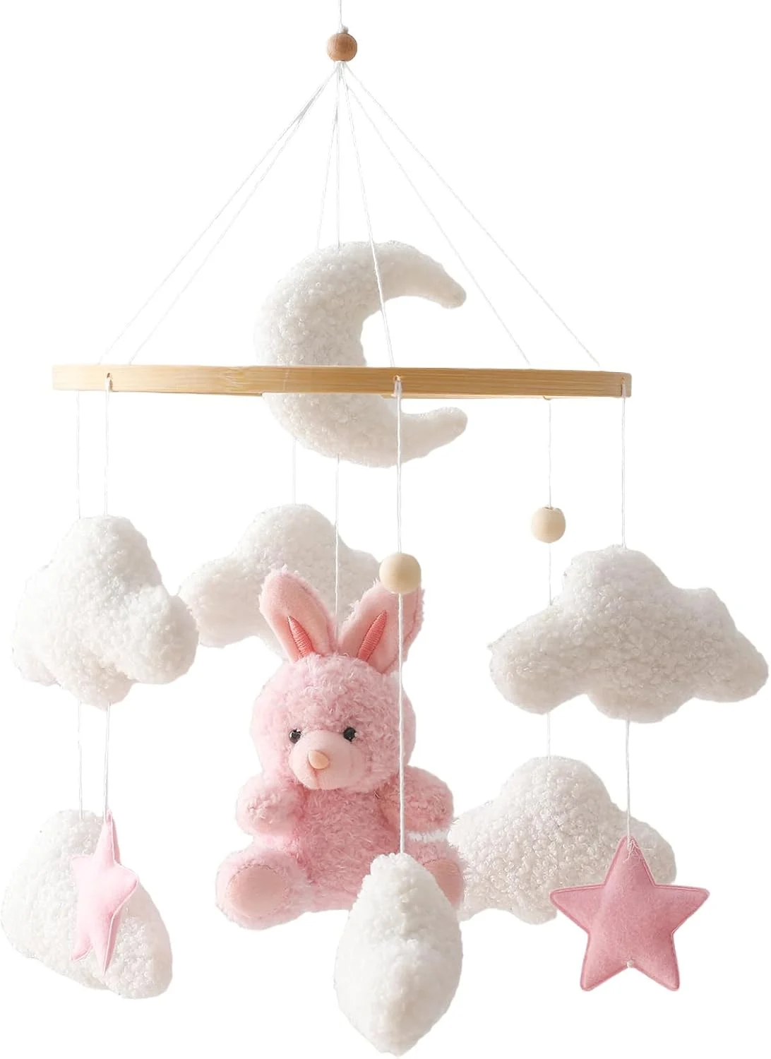 آویز تخت نوزاد طرح خرگوش، مناسب اتاق کودک دختر و پسر، آویز مخملی تدی، دکور اتاق نوزاد، آویز بالای تخت نوزاد، هدیه نوزادی (خرگوش صورتی)