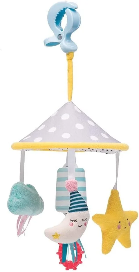 آویز تخت و کالسکه کودک طرح ماه Taf Toys، مناسب برای تخت نوزاد، گهواره، کالسکه و صندلی ماشین. بافت های حسی و صداهای آرامش بخش. مناسب برای نوزادان دختر و پسر از بدو تولد (0+ ماه).