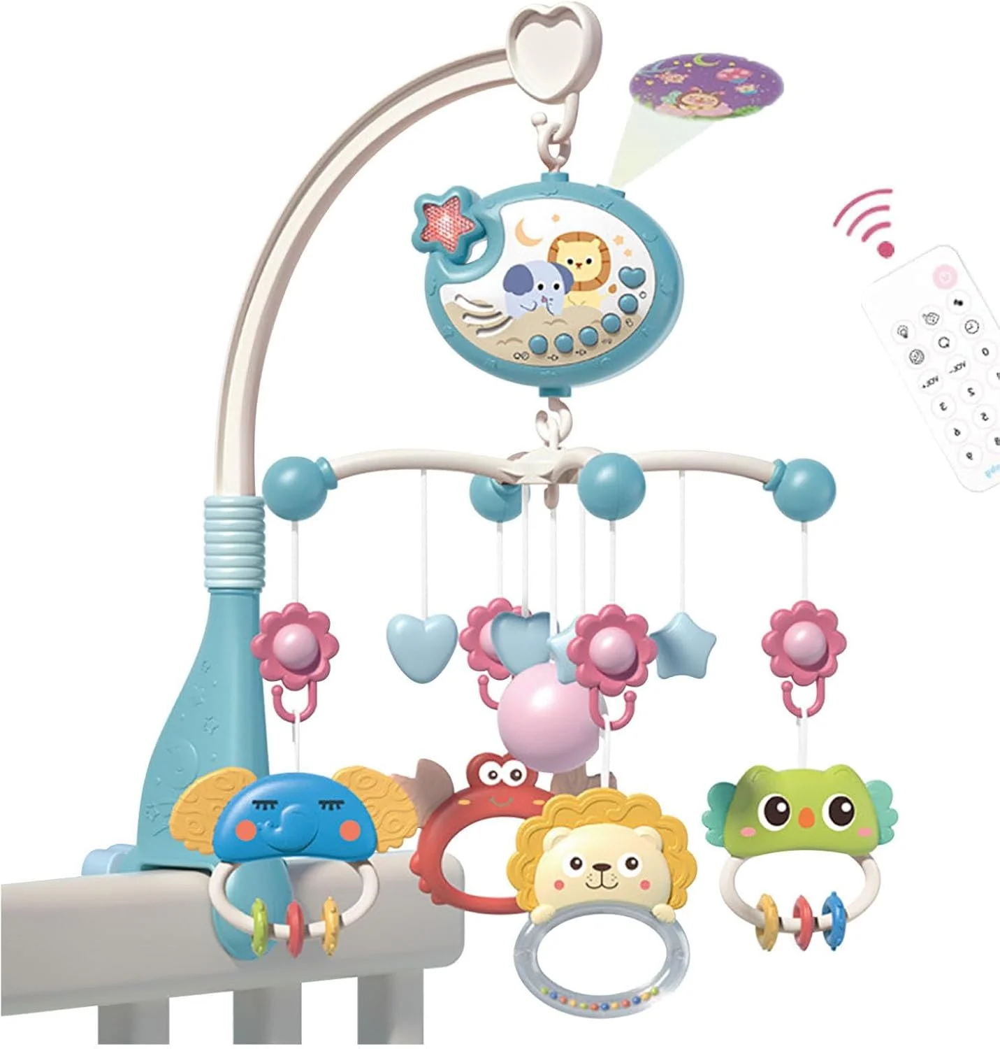 موبایل تخت نوزاد با قابلیت پخش موسیقی، پروژکتور نور و آویزهای اسباب بازی، جعبه موزیکال چرخشی، پروژکتور موبایل جعبه موزیکال با کنترل از راه دور برای خواب نوزاد پسر و دختر 0-6 ماه (آبی)