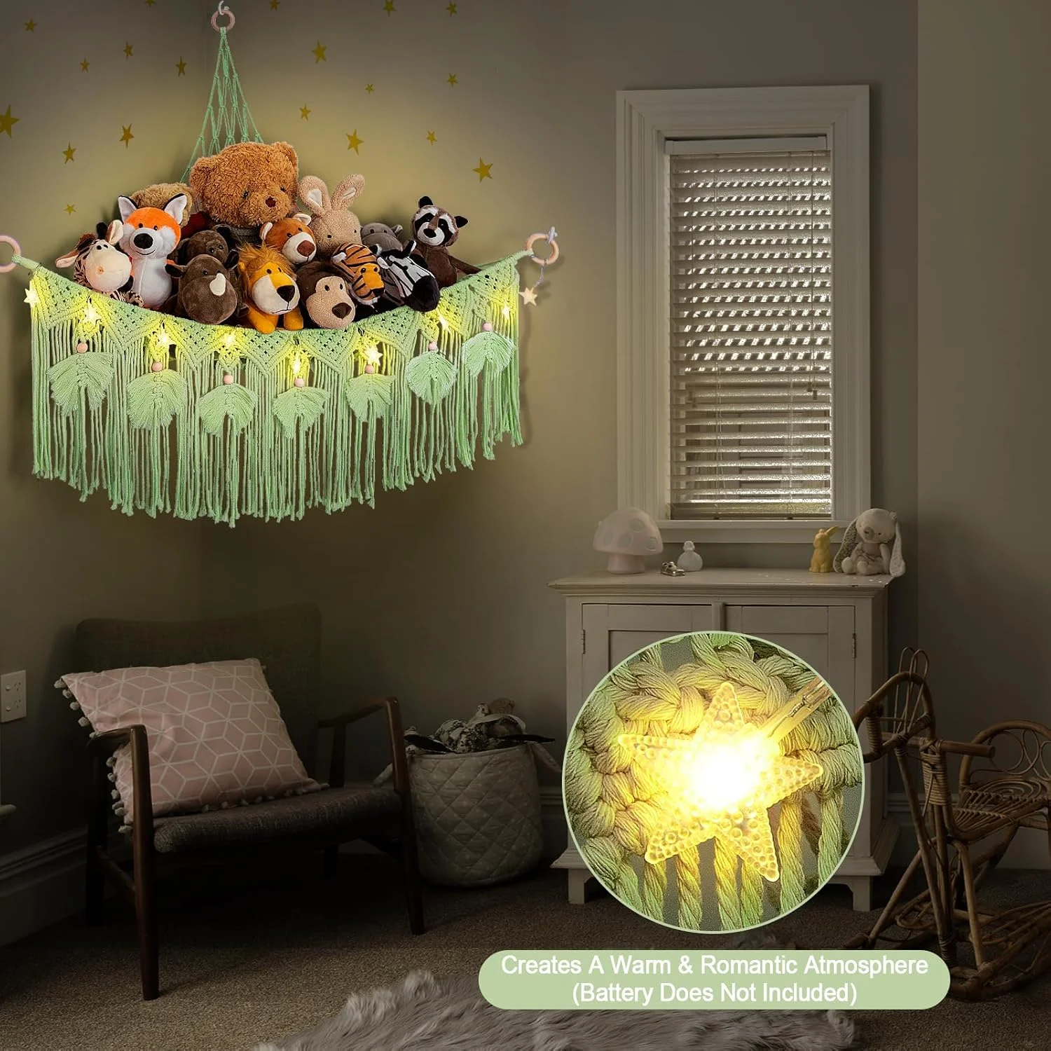 آویز مکرومه برای نگهداری اسباب بازی با چراغ ستاره ای، طرح خرس سبز، مناسب دکوراسیون اتاق دخترانه، آویز توری بزرگ گوشه ای، ایده ای برای اتاق کودک، نگهدارنده آویز دیواری اسباب بازی پولیشی برای کودک