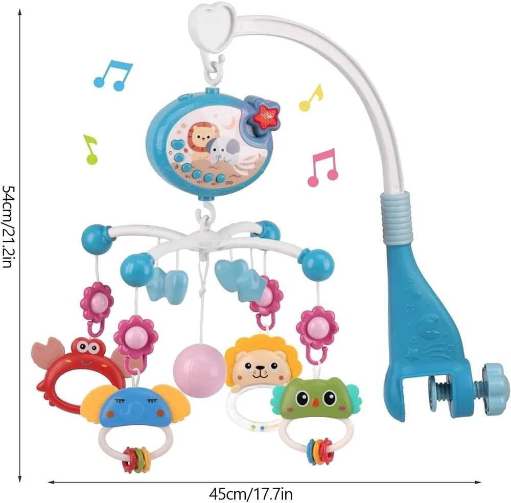 موبایل تخت نوزاد با قابلیت پخش موسیقی، پروژکتور نور و آویزهای اسباب بازی، جعبه موزیکال چرخشی، پروژکتور موبایل جعبه موزیکال با کنترل از راه دور برای خواب نوزاد پسر و دختر 0-6 ماه (آبی)
