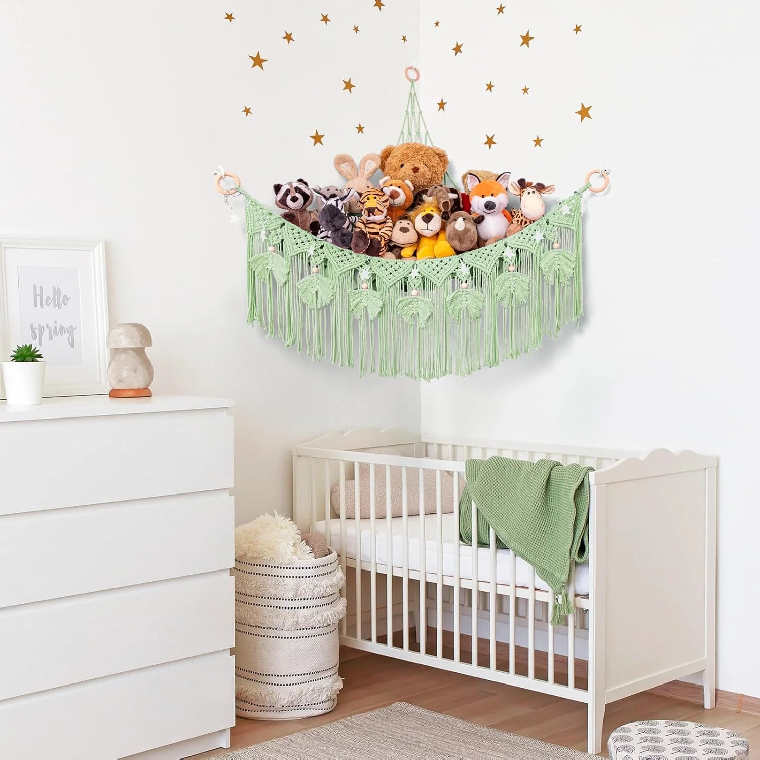 آویز مکرومه برای نگهداری اسباب بازی با چراغ ستاره ای، طرح خرس سبز، مناسب دکوراسیون اتاق دخترانه، آویز توری بزرگ گوشه ای، ایده ای برای اتاق کودک، نگهدارنده آویز دیواری اسباب بازی پولیشی برای کودک