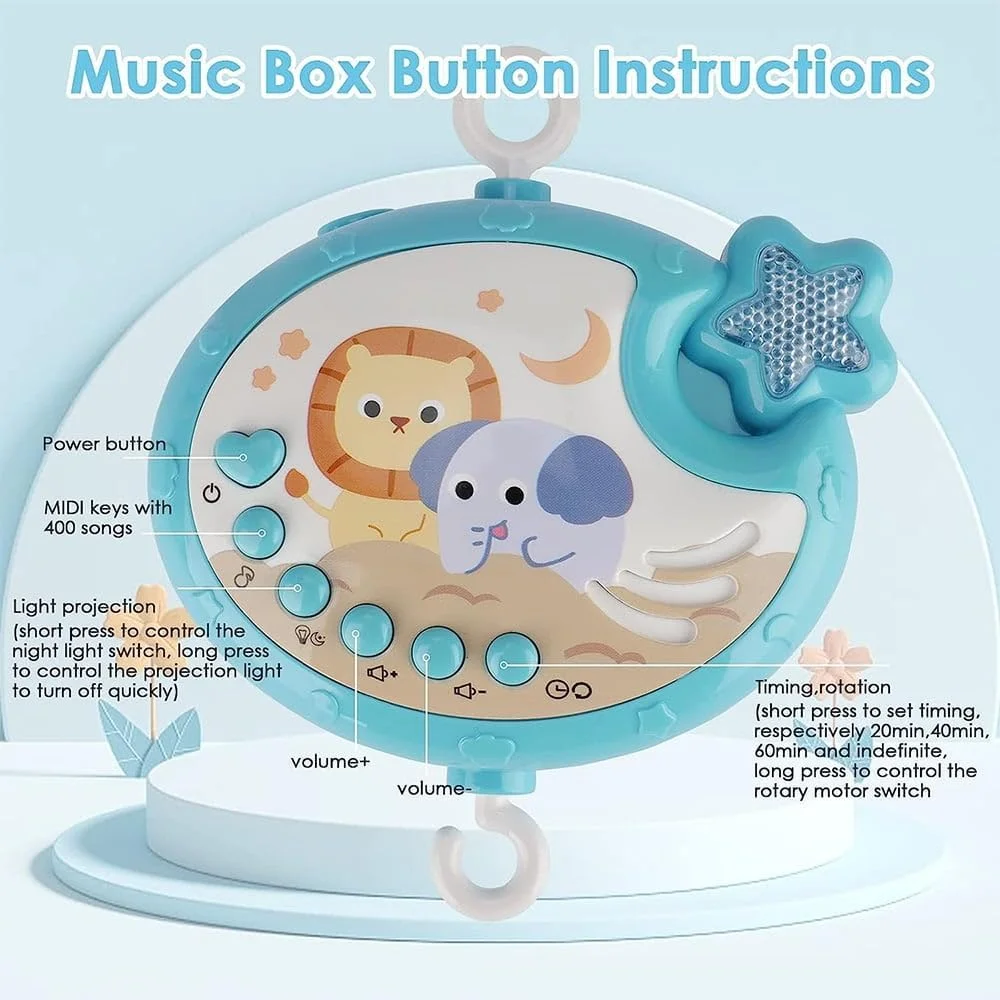موبایل تخت نوزاد با قابلیت پخش موسیقی، پروژکتور نور و آویزهای اسباب بازی، جعبه موزیکال چرخشی، پروژکتور موبایل جعبه موزیکال با کنترل از راه دور برای خواب نوزاد پسر و دختر 0-6 ماه (آبی)