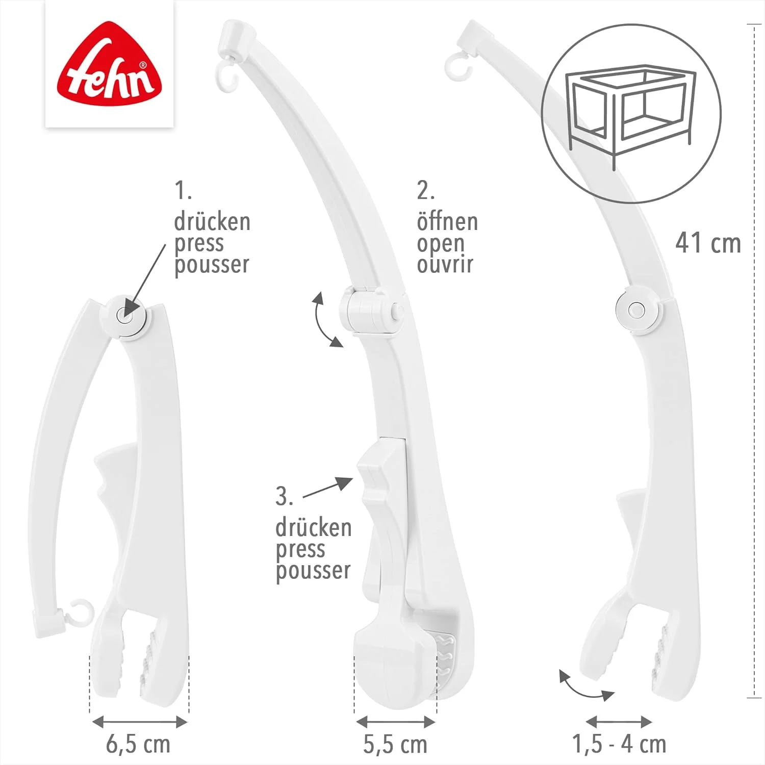 پایه نگهدارنده میله آویز تخت کودک Fehn - گیره نگهدارنده برای اتصال آویز موزیکال مسافرتی به تخت - بدون مکانیزم موزیکال - مناسب برای تمام آویزهای موزیکال مسافرتی Fehn، 249927، سفید، 41 x 12.2 x 10.4 سانتی متر