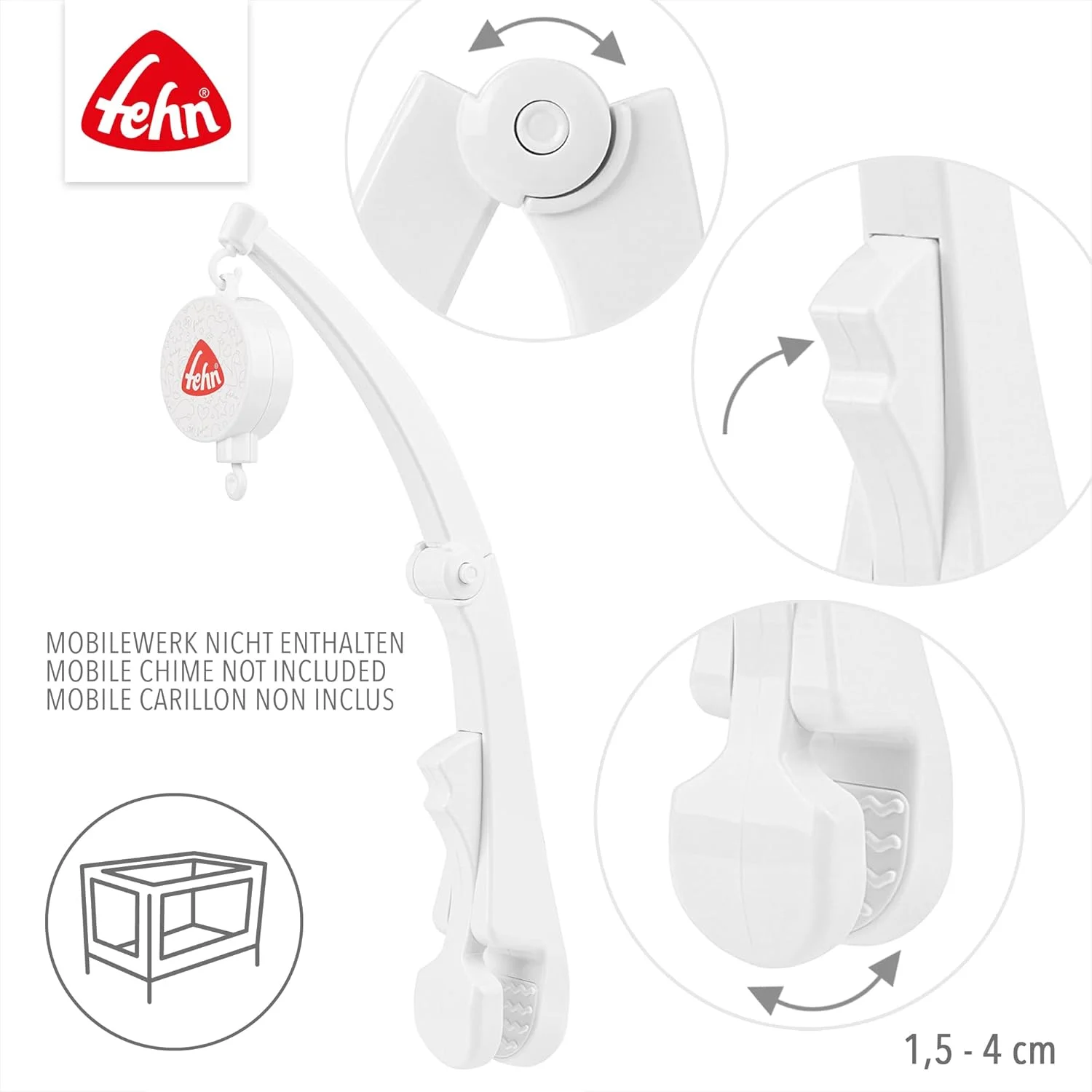 پایه نگهدارنده میله آویز تخت کودک Fehn - گیره نگهدارنده برای اتصال آویز موزیکال مسافرتی به تخت - بدون مکانیزم موزیکال - مناسب برای تمام آویزهای موزیکال مسافرتی Fehn، 249927، سفید، 41 x 12.2 x 10.4 سانتی متر