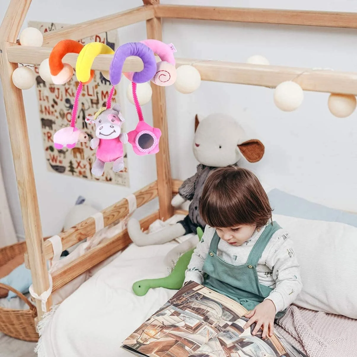 اسباب بازی مارپیچ کودک، اسباب بازی تخت نوزاد حیوانات پولیشی، اسباب بازی نوزاد برای تخت خواب کودک، کالسکه، میله صندلی ماشین، اسباب بازی آویز با زنگ