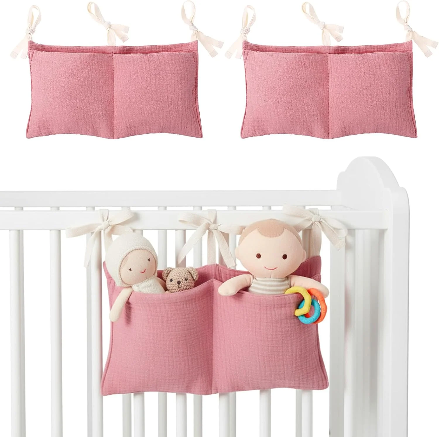 بسته 2 عددی نظم دهنده اتاق کودک، نظم دهنده تخت کودک، آویز با 2 جیب، نظم دهنده آویز اتاق کودک، کیف نگهداری تخت کودک برای پوشک، لباس، اسباب بازی (صورتی)