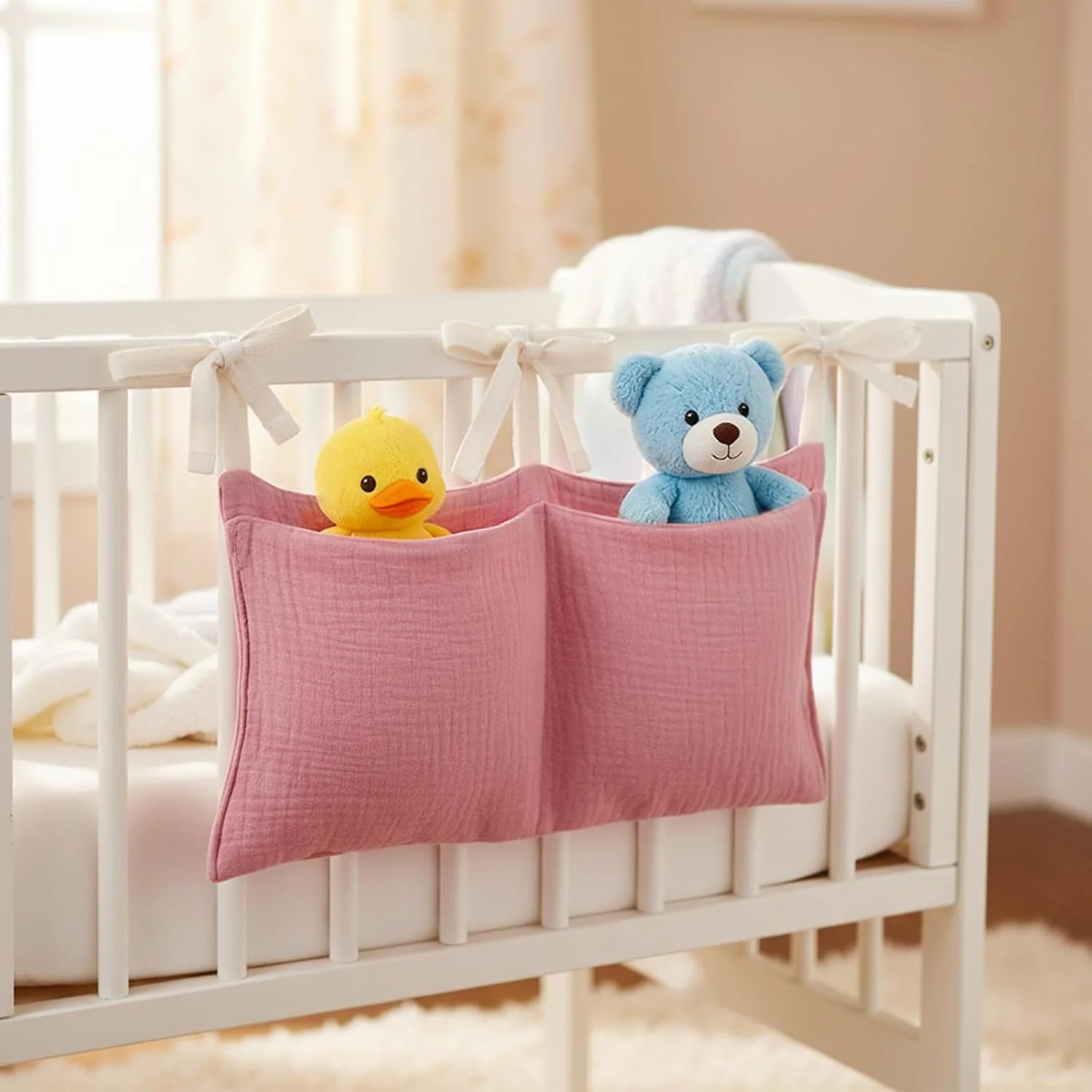 بسته 2 عددی نظم دهنده اتاق کودک، نظم دهنده تخت کودک، آویز با 2 جیب، نظم دهنده آویز اتاق کودک، کیف نگهداری تخت کودک برای پوشک، لباس، اسباب بازی (صورتی)