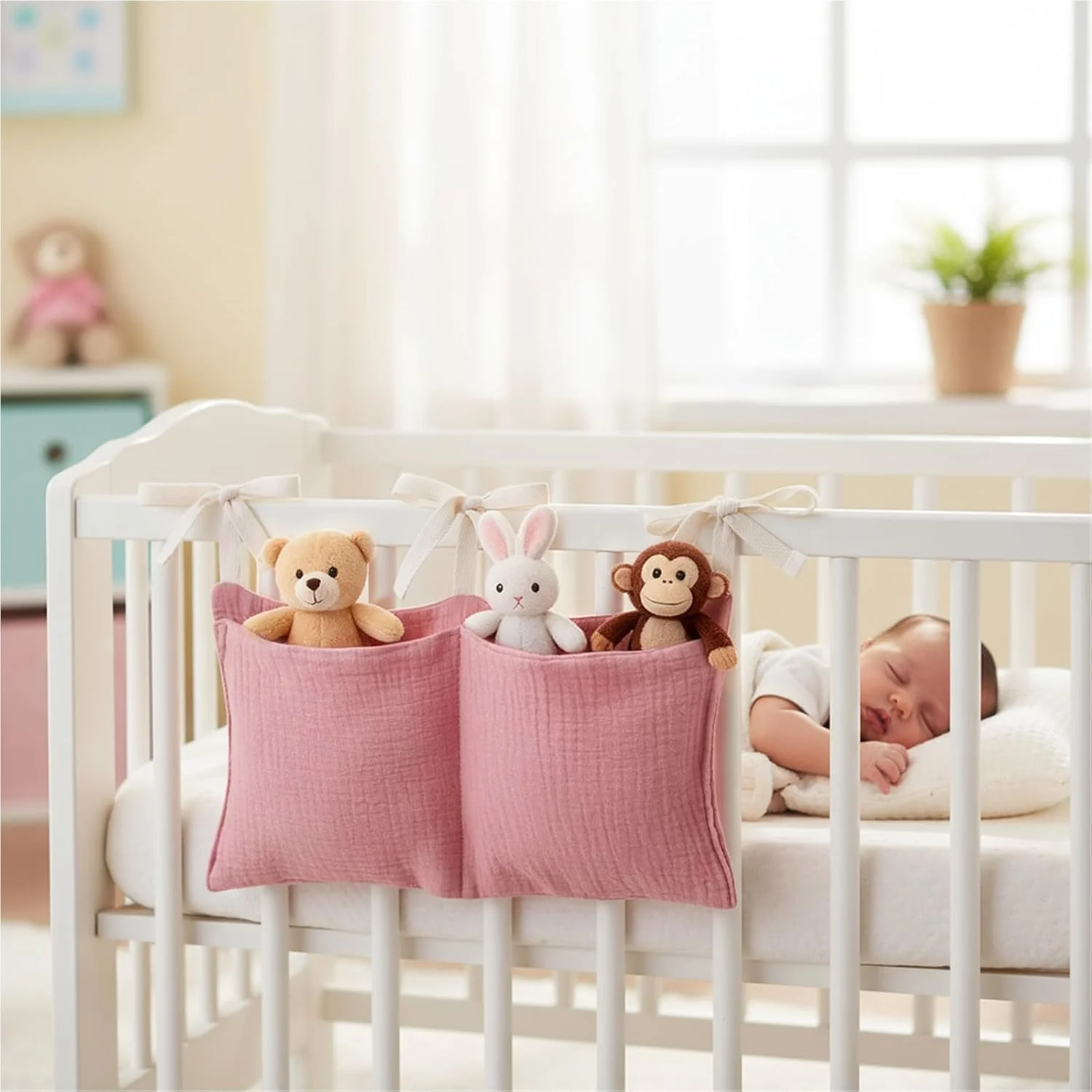 بسته 2 عددی نظم دهنده اتاق کودک، نظم دهنده تخت کودک، آویز با 2 جیب، نظم دهنده آویز اتاق کودک، کیف نگهداری تخت کودک برای پوشک، لباس، اسباب بازی (صورتی)