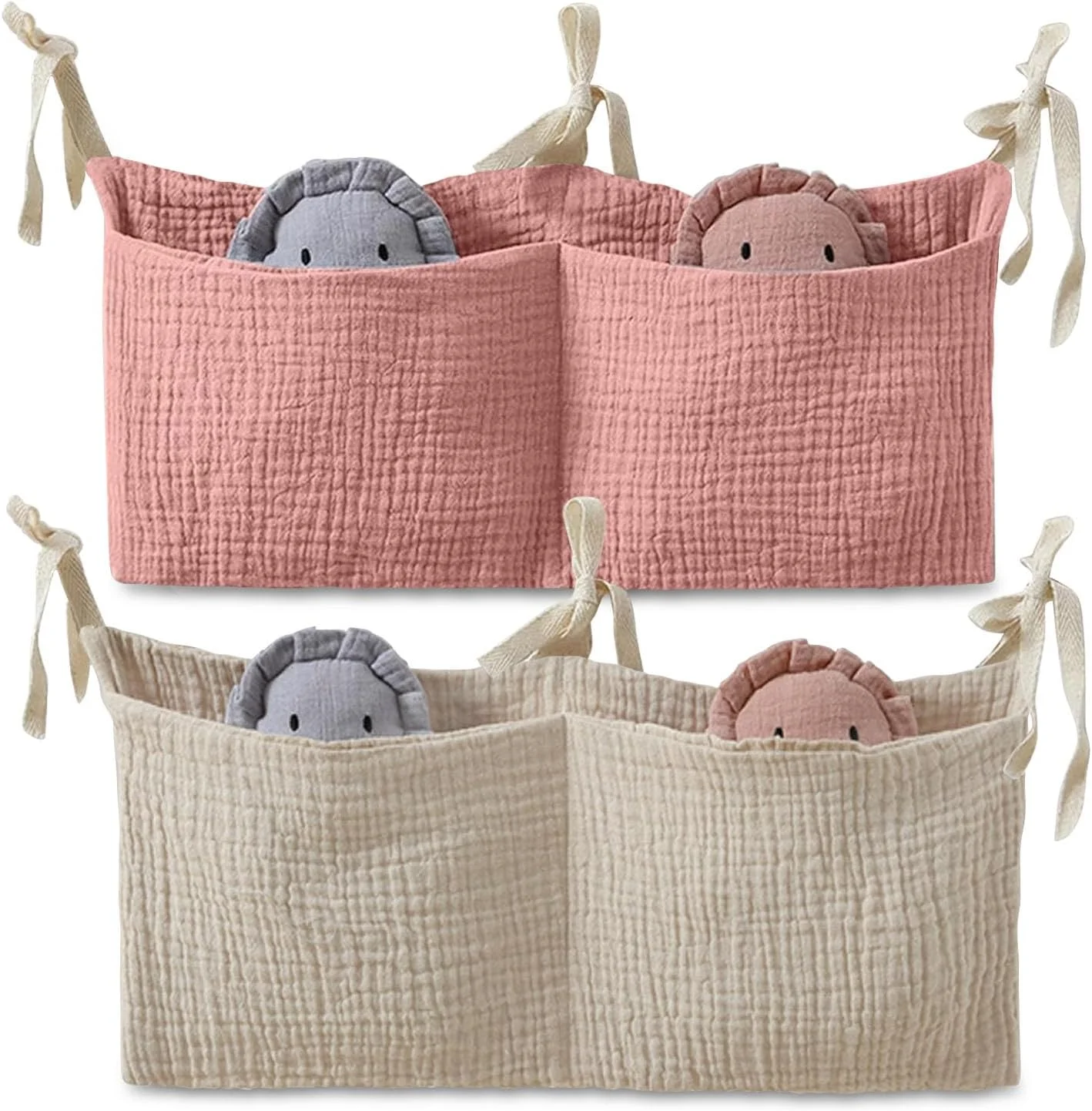 ZOCONE ست دو عددی ارگانایزر آویز تخت کودک، ارگانایزر قابل تنظیم تخت کودک 2 در 1 برای پوشک، لباس، اسباب بازی، کیف آویز تخت کودک (صورتی + خاکی)