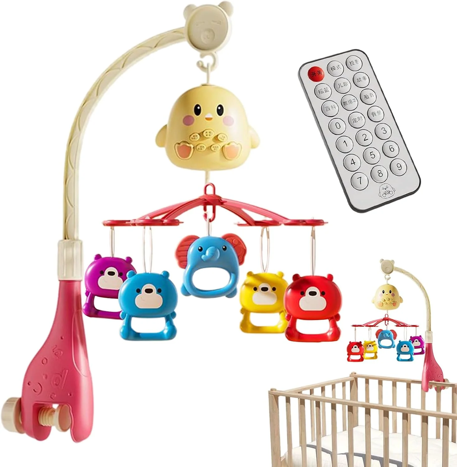 موبایل تخت نوزاد موزیکال - اسباب بازی چرخشی و آرامش بخش قابل حمل با کنترل از راه دور برای تخت خواب، اتاق خواب، کالسکه، مناسب برای نوزادان 0-18 ماه دختر و پسر