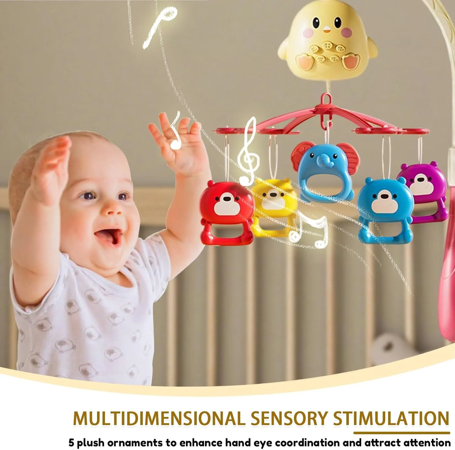 موبایل تخت نوزاد موزیکال - اسباب بازی چرخشی و آرامش بخش قابل حمل با کنترل از راه دور برای تخت خواب، اتاق خواب، کالسکه، مناسب برای نوزادان 0-18 ماه دختر و پسر