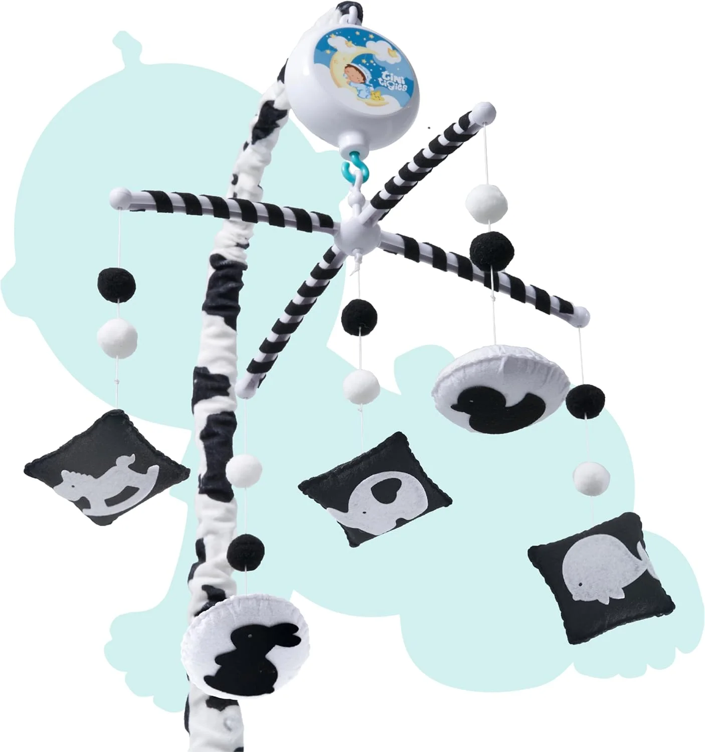 آویز تخت کودک اورلاو مدل مونته سوری (TINITIGIES) - جعبه موزیکال دیجیتال با 12 لالایی و 3 حالت (فقط چرخش، فقط موسیقی، چرخش با موسیقی) - آویز تخت سیاه و سفید برای نوزادان پسر و دختر