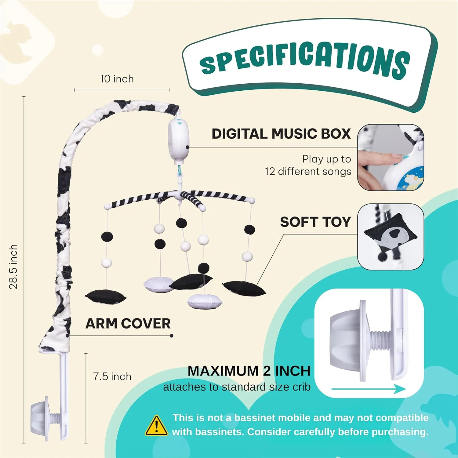 آویز تخت کودک اورلاو مدل مونته سوری (TINITIGIES) - جعبه موزیکال دیجیتال با 12 لالایی و 3 حالت (فقط چرخش، فقط موسیقی، چرخش با موسیقی) - آویز تخت سیاه و سفید برای نوزادان پسر و دختر