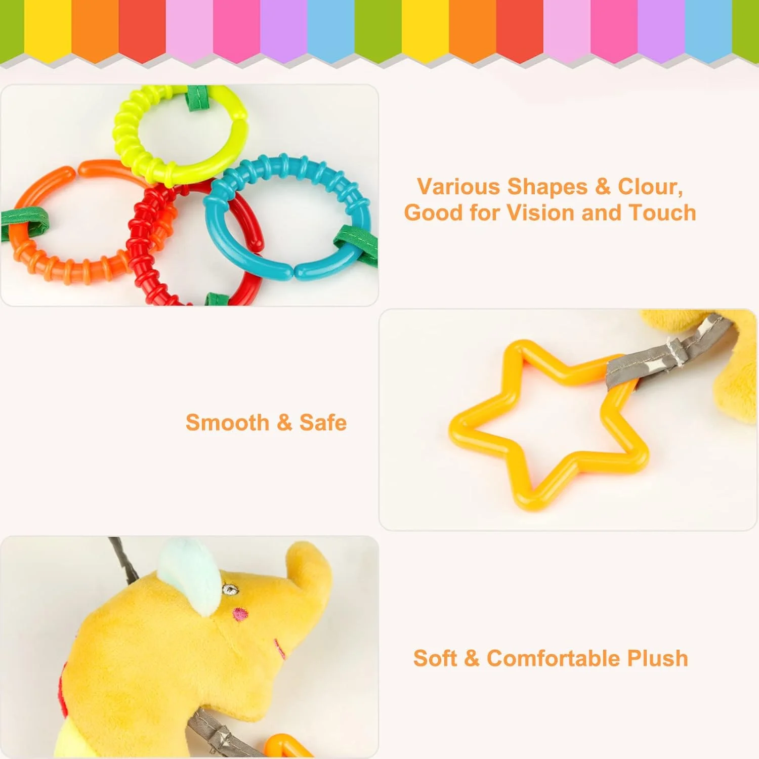 آویز تخت و کریر نوزاد طرح حیوانات، جغجغه و اسباب بازی آموزشی به همراه صدای زنگوله و چیک چیک - 4 عدد