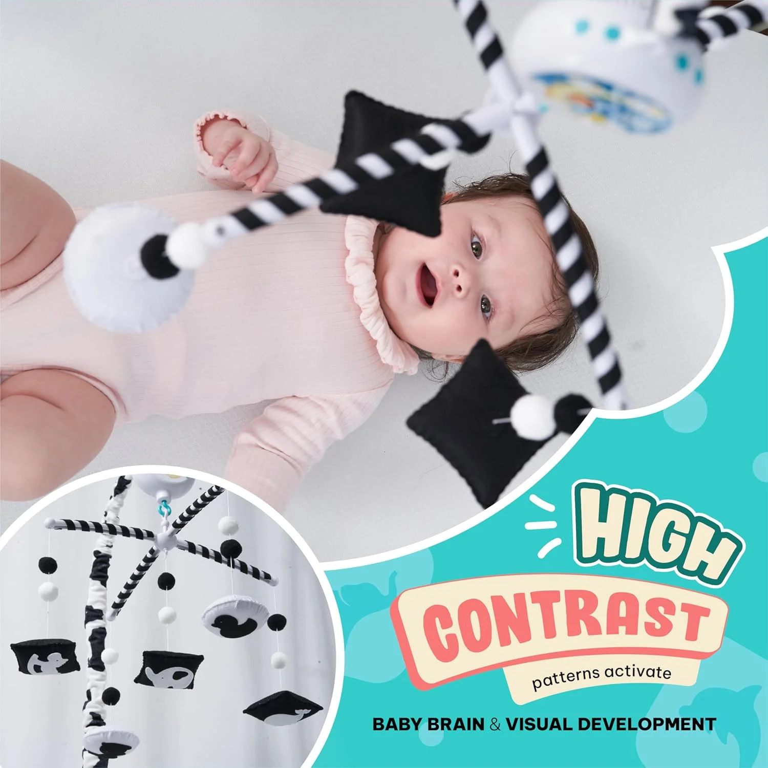 آویز تخت کودک اورلاو مدل مونته سوری (TINITIGIES) - جعبه موزیکال دیجیتال با 12 لالایی و 3 حالت (فقط چرخش، فقط موسیقی، چرخش با موسیقی) - آویز تخت سیاه و سفید برای نوزادان پسر و دختر