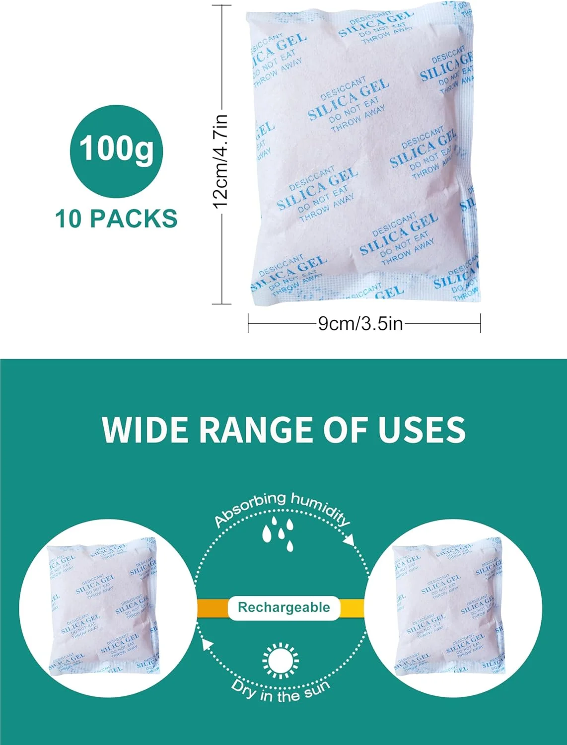 URbazaar بسته 10 عددی کیسه های رطوبت گیر سیلیکاژل، 100 گرم در هر کیسه، جاذب رطوبت غیر سمی، رطوبت گیر، مناسب برای نگهداری لباس، آشپزخانه و منزل (100 گرم - 10 عدد)
