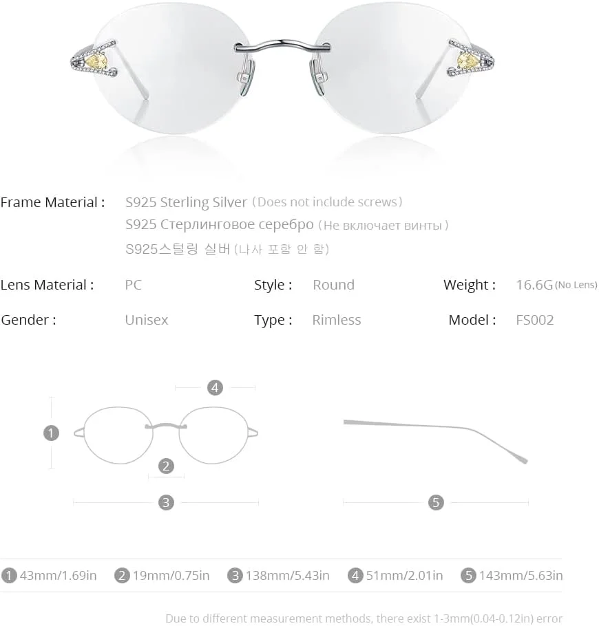 فریم عینک مردانه FONEX نقره استرلینگ S925، عینک طبی بدون فریم با نگین زیرکون