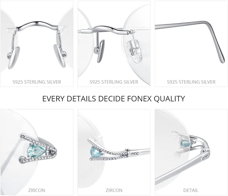 فریم عینک مردانه FONEX نقره استرلینگ S925، عینک طبی بدون فریم با نگین زیرکون
