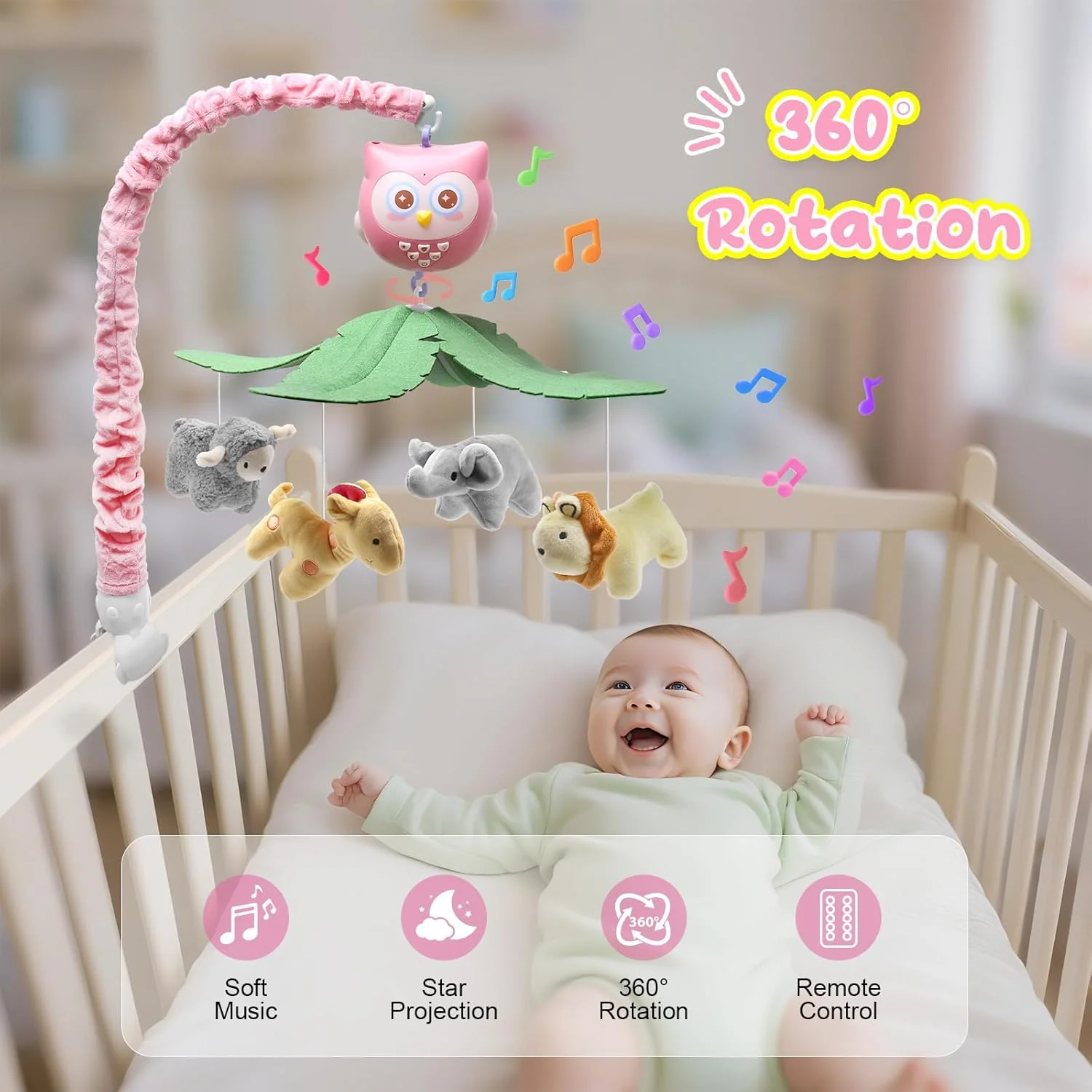 موبایل تخت نوزاد با موسیقی و چراغ برای پسران، موبایل موزیکال حیوانات برای تخت نوزاد، اسباب بازی های آویز دخترانه قابل حمل، دکوراسیون اتاق کودک با طرح سافاری، صورتی