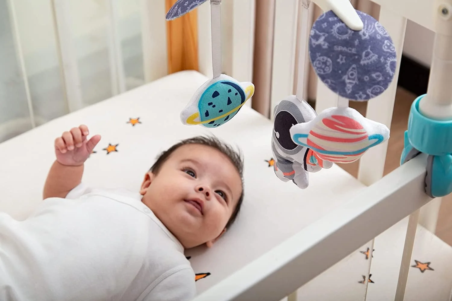 آویز تخت نوزاد لادیدا با ملودی های موزیکال، طرح سفینه فضایی آبی برای نوزاد پسر (مدل سفینه فضایی آبی: 133)
