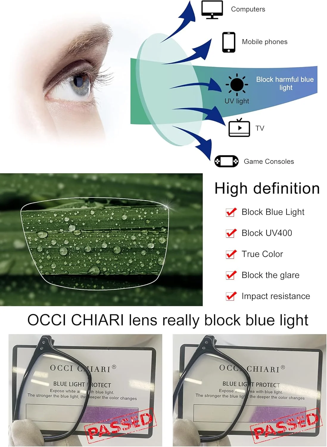 عینک کامپیوتر فیلتر نور آبی OCCI CHIARI برای مردان، فریم عینک مستطیلی شفاف