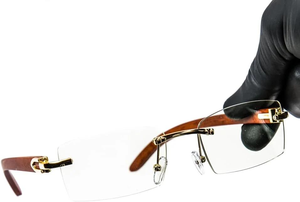 عینک فریم طلایی طرح چوب بدون فریم، لنز شفاف، سبک رترو و فشن هیپ هاپ مردانه