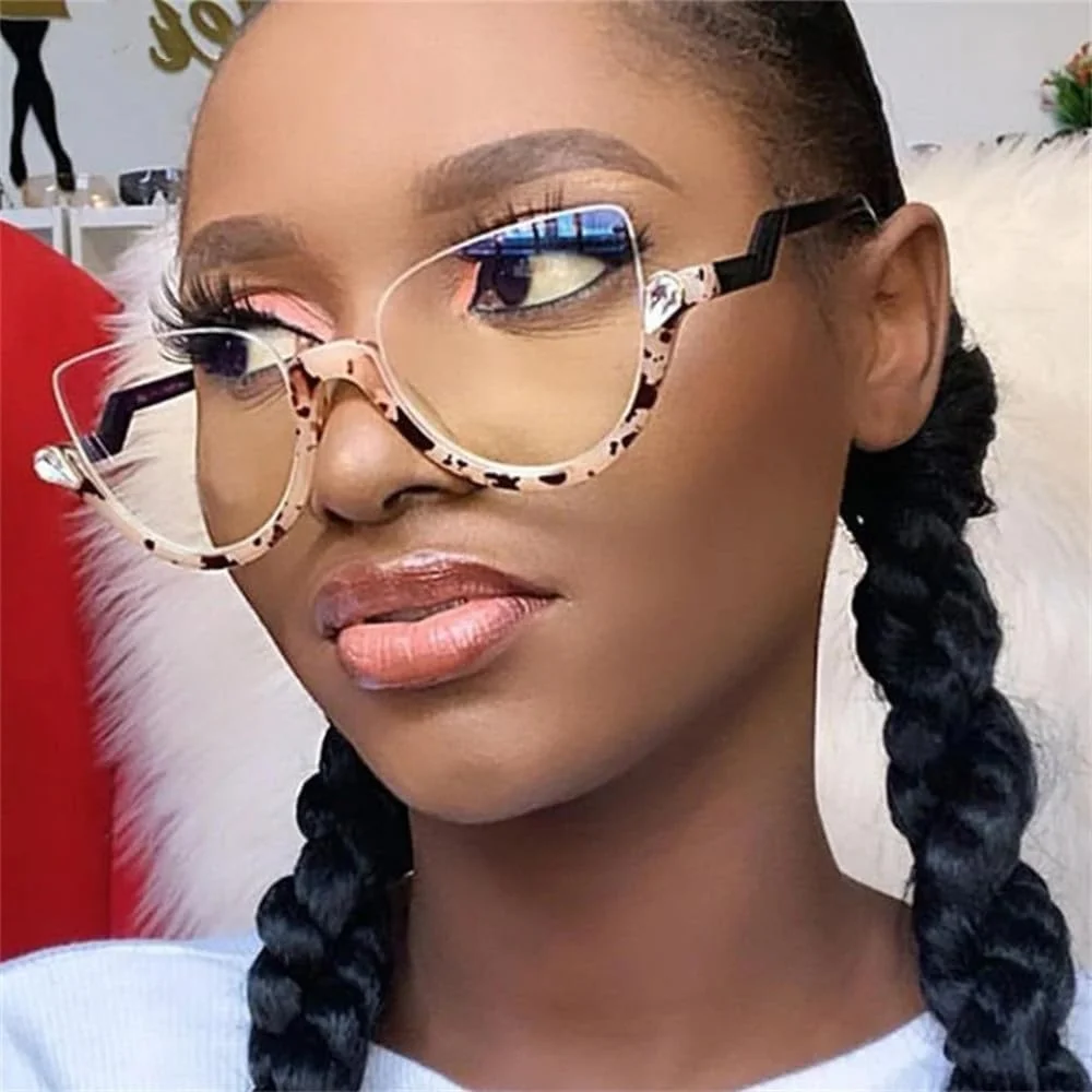 فریم عینک چشم گربه ای زنانه طرح قدیمی، فریم نیمه، لنز شفاف کریستالی، فریم عینک زنانه