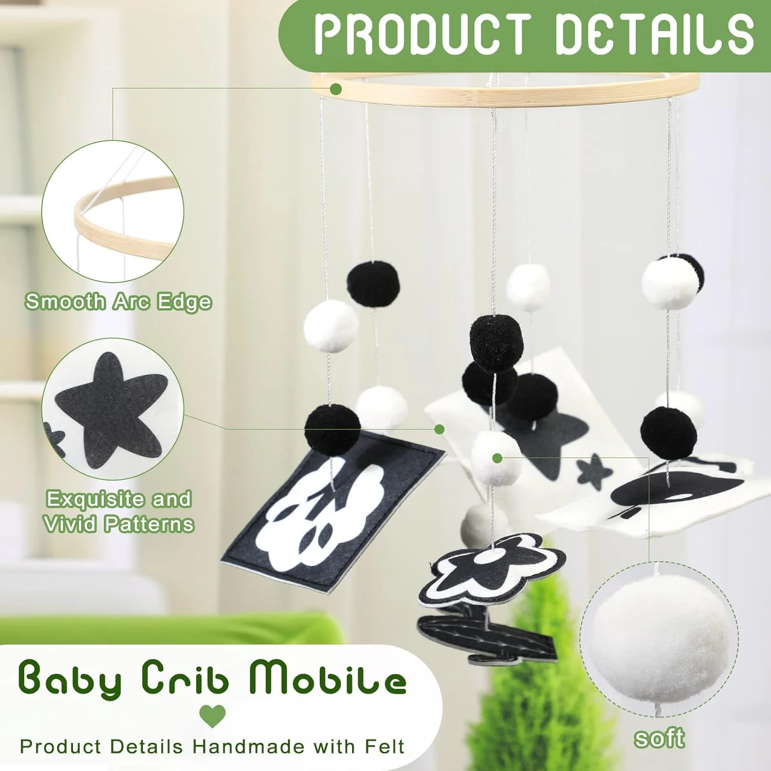 آویز بالای تخت نوزاد، سیاه و سفید، دست ساز، دکوراسیون اتاق کودک، مناسب هدیه سیسمونی، آویز سقفی، 2 مدل