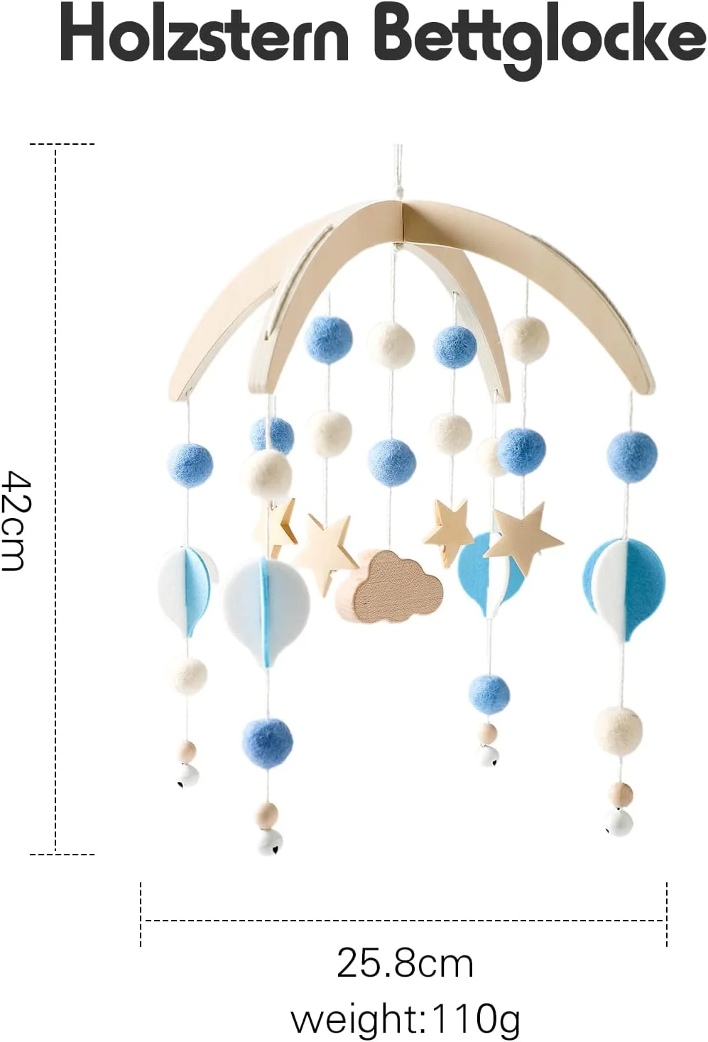 آویز چوبی موبایل کودک با توپ های نمدی، آویز زنگ بادی موبایل کودک، آویز تخت برای تخت کودک، دکوراسیون اتاق کودک، هدیه برای نوزاد دختر یا پسر (آبی)