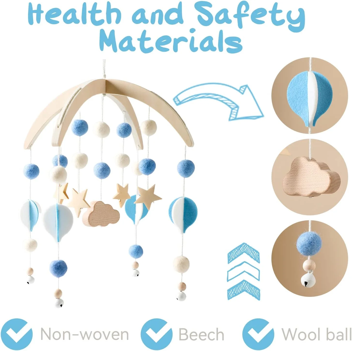 آویز چوبی موبایل کودک با توپ های نمدی، آویز زنگ بادی موبایل کودک، آویز تخت برای تخت کودک، دکوراسیون اتاق کودک، هدیه برای نوزاد دختر یا پسر (آبی)