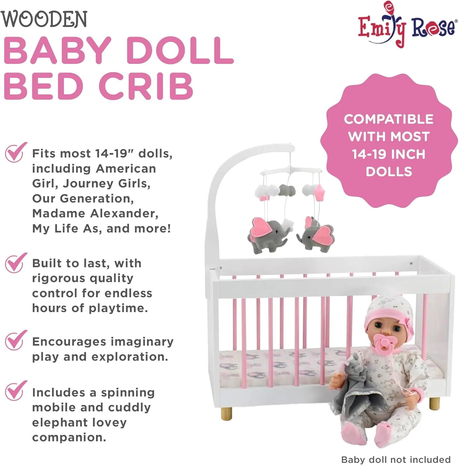 تخت خواب چوبی جدید عروسک نوزاد امیلی رز به همراه آویز فیل و موبایل چرخشی هماهنگ - مناسب برای عروسک ها تا 50 سانتی متر - سفید/صورتی/خاکستری