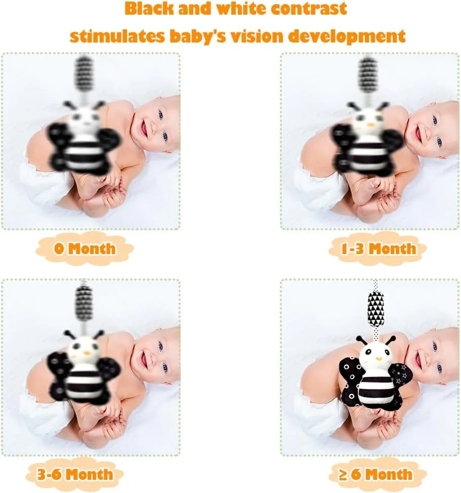 آویز جغجغه ای کودک KAKIBLIN، اسباب بازی آویز کودک با کنتراست بالا و اسباب بازی کالسکه پولیشی برای نوزاد 0-18 ماهه، اسباب بازی صندلی ماشین نوزاد با رنگ مشکی و سفید