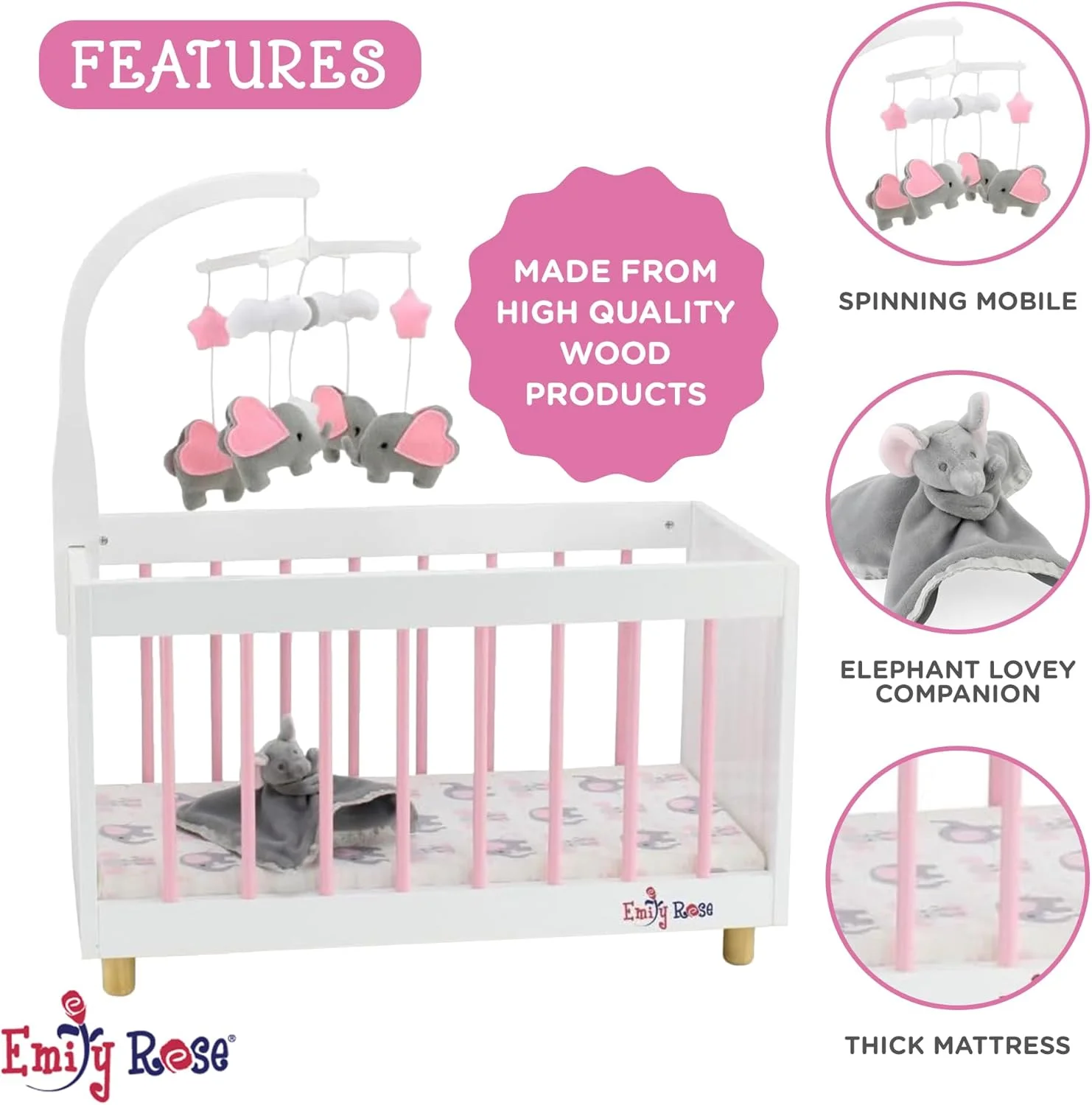 تخت خواب چوبی جدید عروسک نوزاد امیلی رز به همراه آویز فیل و موبایل چرخشی هماهنگ - مناسب برای عروسک ها تا 50 سانتی متر - سفید/صورتی/خاکستری