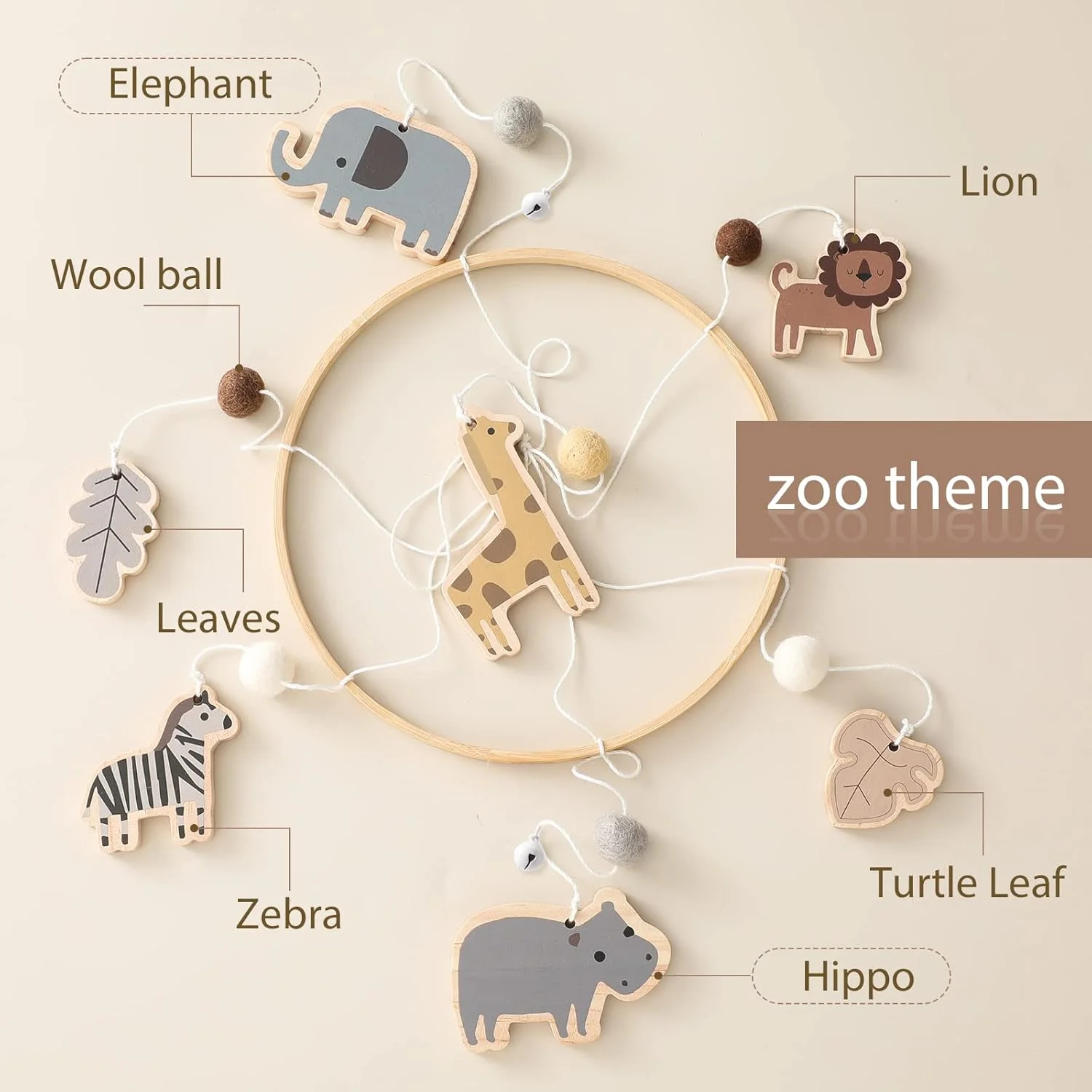 آویز تخت نوزاد طرح زرافه، شیر، فیل، گورخر، اسب آبی - توپ های نمدی بافتنی دکوری چوبی