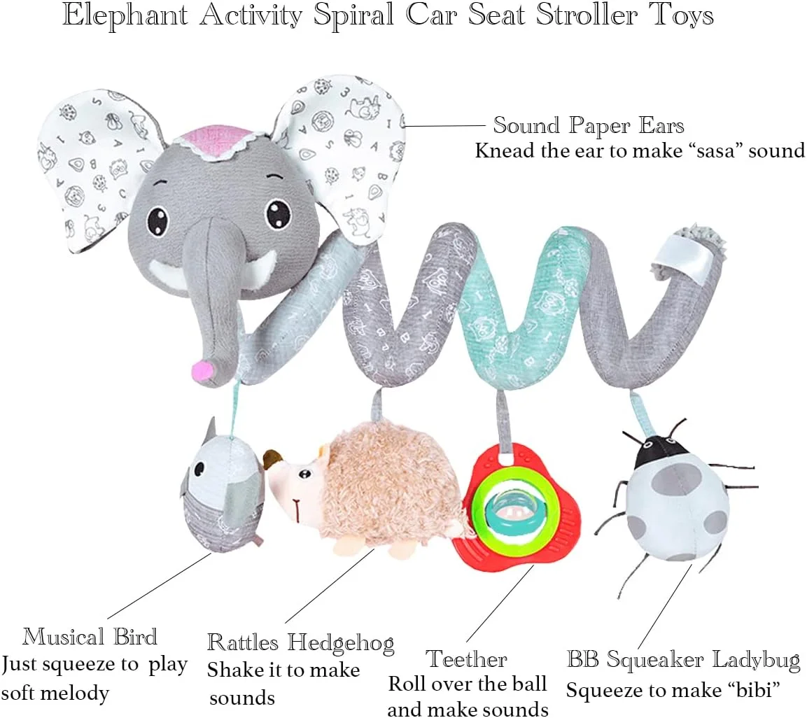 آویزهای اسباب بازی صندلی ماشین، اسباب بازی های آویز مارپیچی فعالیت کودک برای صندلی ماشین کالسکه، موبایل تخت نوزاد، اسباب بازی فیل موزیکال برای نوزادان پسر و دختر 0 3 6 12 ماهه