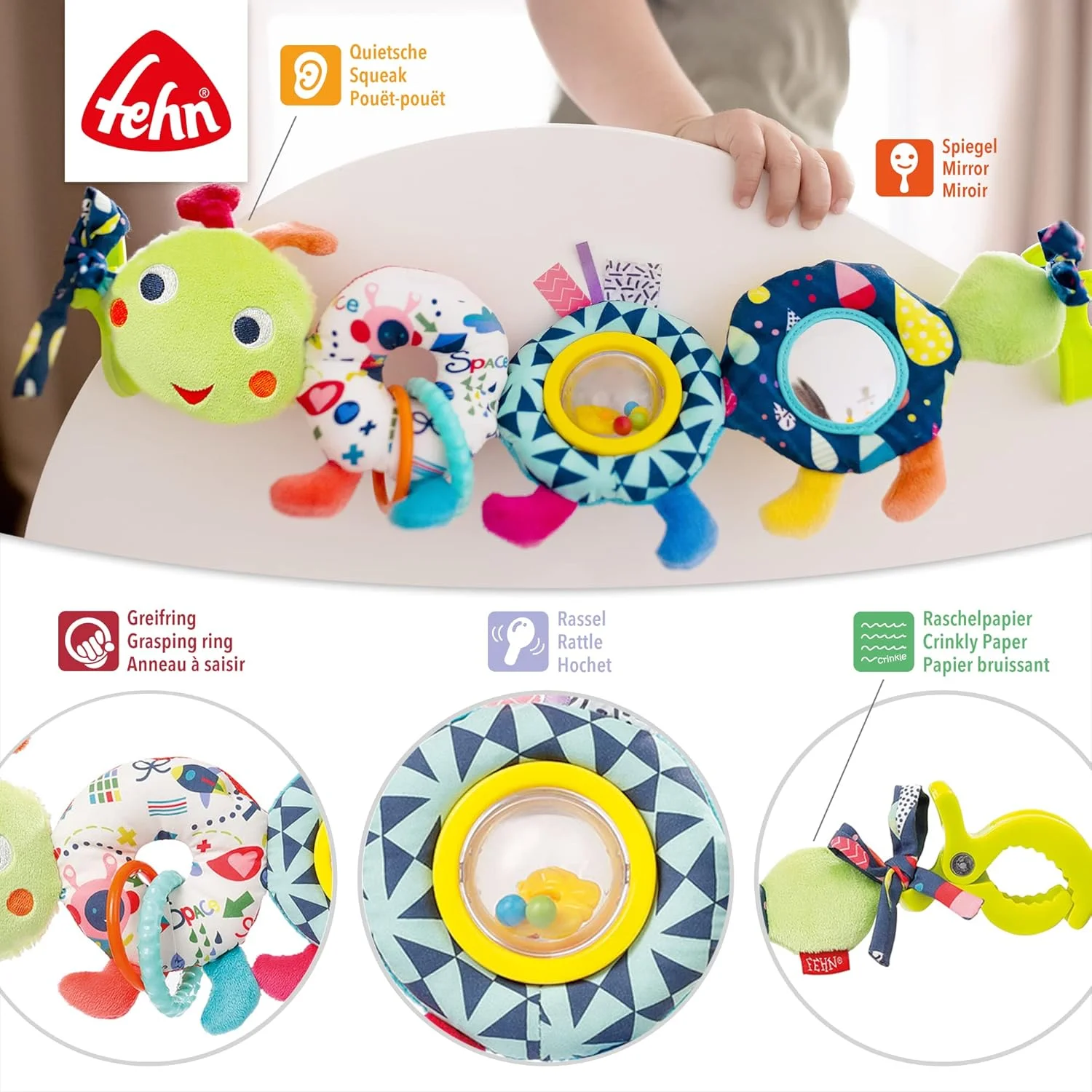 آویز تخت نوزاد کرم ابریشم رنگی Fehn 055344 – زنجیره موبایل با شکل کرم ابریشم زیبا برای آویزان کردن انعطاف پذیر – برای نوزادان و کودکان نوپا از بدو تولد – اندازه: 50 سانتی متر