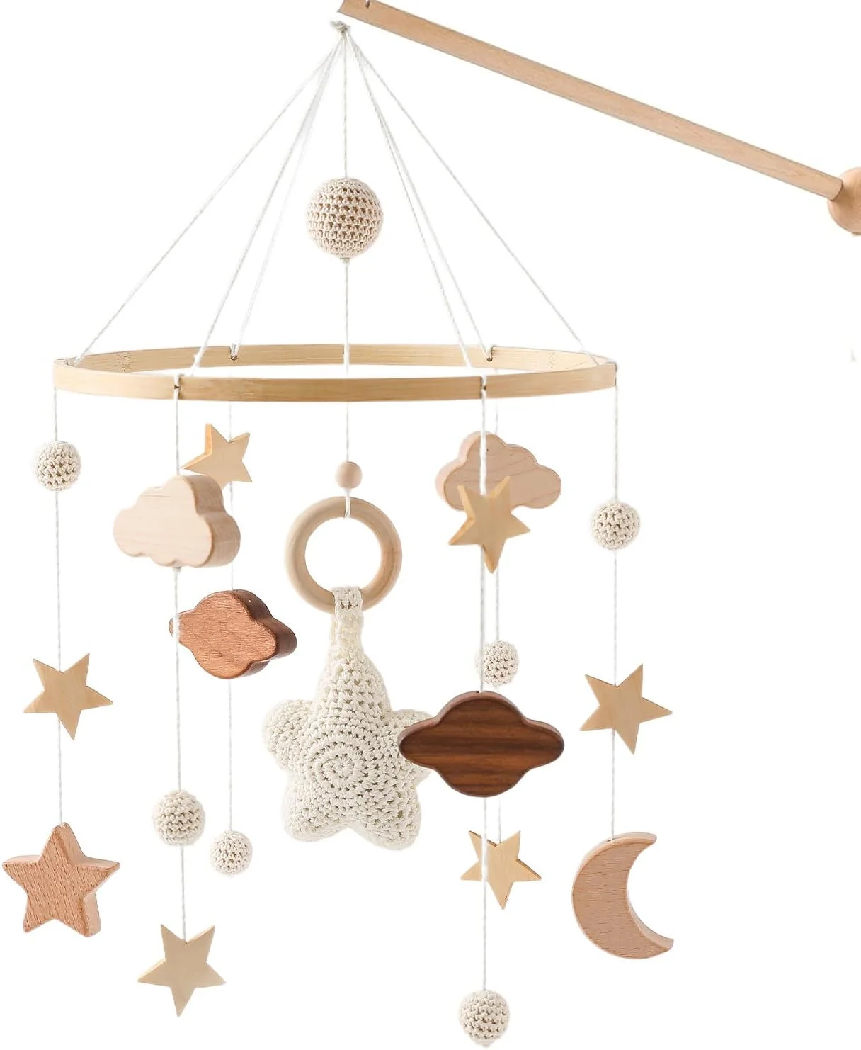 آویز تخت نوزاد با ستاره، ماه و ابر بافتنی، آویز چوبی برای نوزاد دختر یا پسر (بژ)