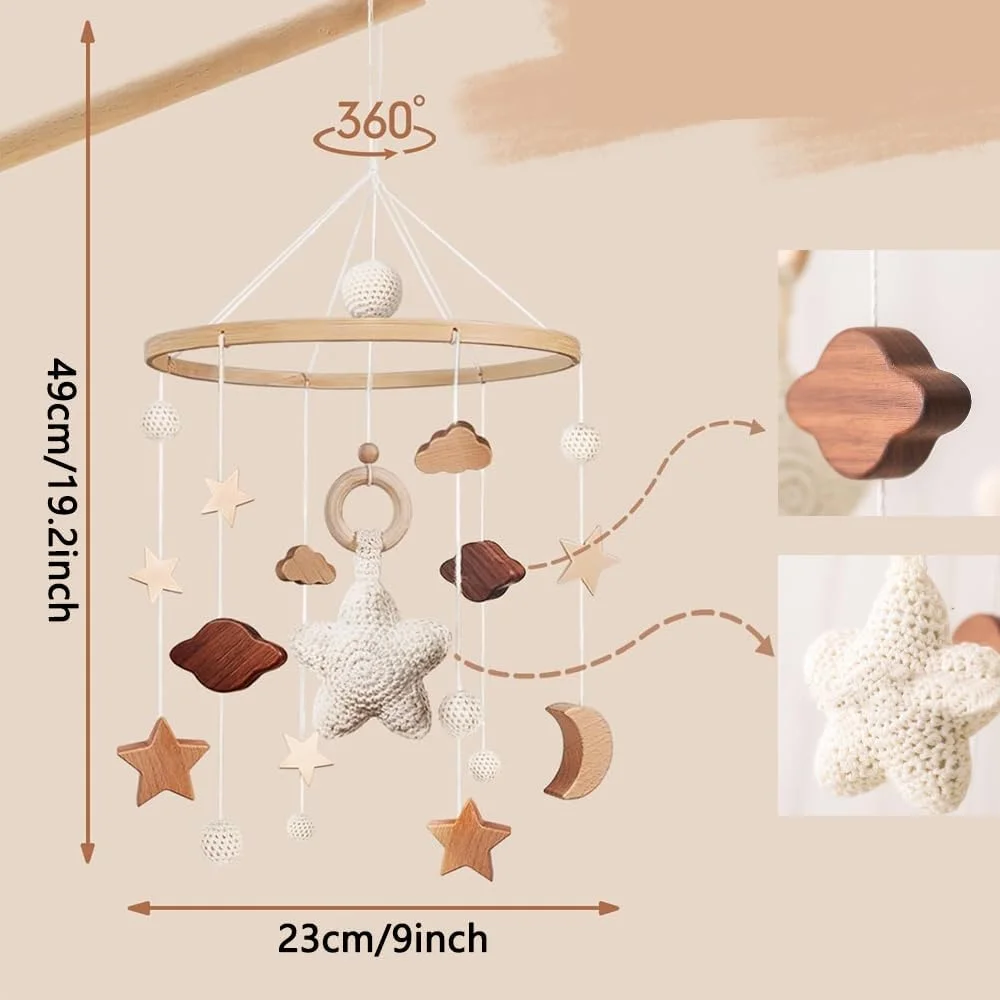 آویز تخت نوزاد با ستاره، ماه و ابر بافتنی، آویز چوبی برای نوزاد دختر یا پسر (بژ)